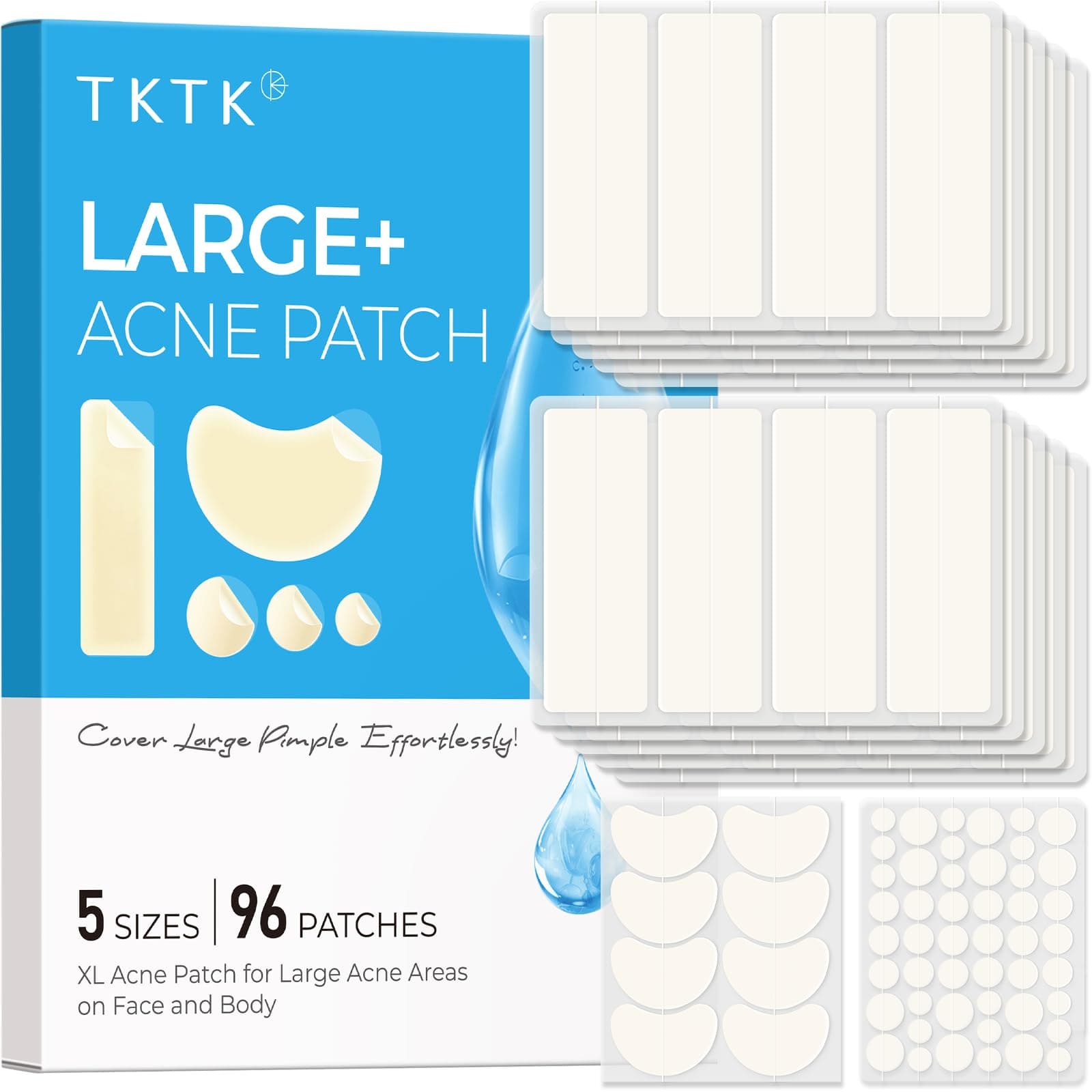 TKTK Pimple Patches, XL Hydrocolloid Patches for Face 60 x 20 mm, Big Acne Patches for Body, Forehead, Chin, Neck Zit Breakouts, Hydrocolloid Bandages (Strip, Contoured, Dot 5 Sizes 96 Count)