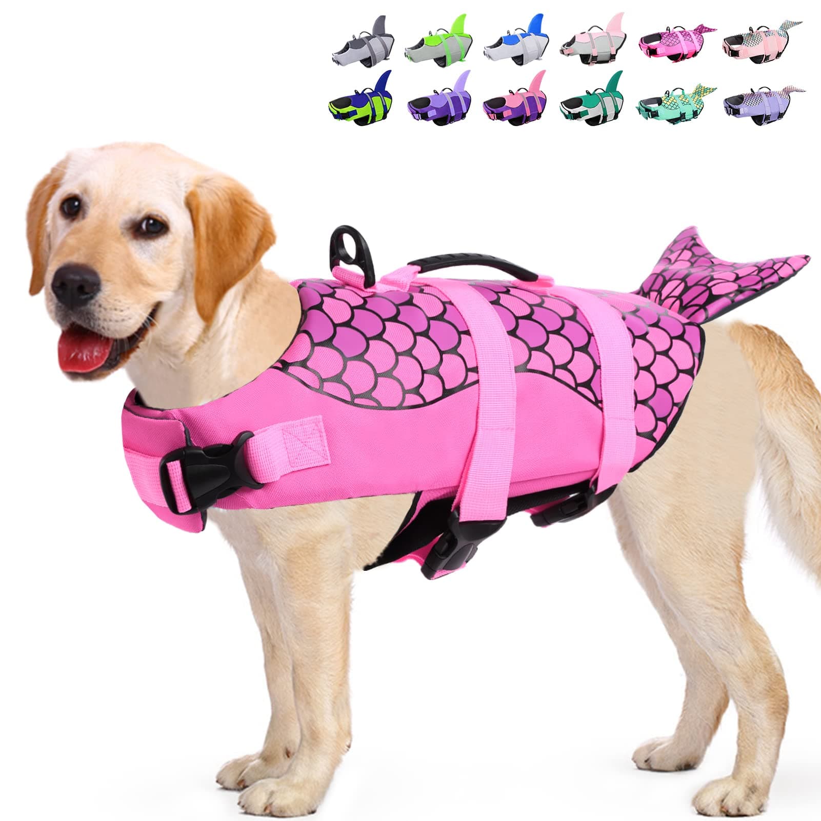 KOESON Shark Dog Life Vest with Rescue Handle, Ripstop Pet Float Coat for Swimming, Safety Lifesaver Pet Life Preserver High Buoyancy Swimsuit for Small, Medium, Large Dogs Pink XL