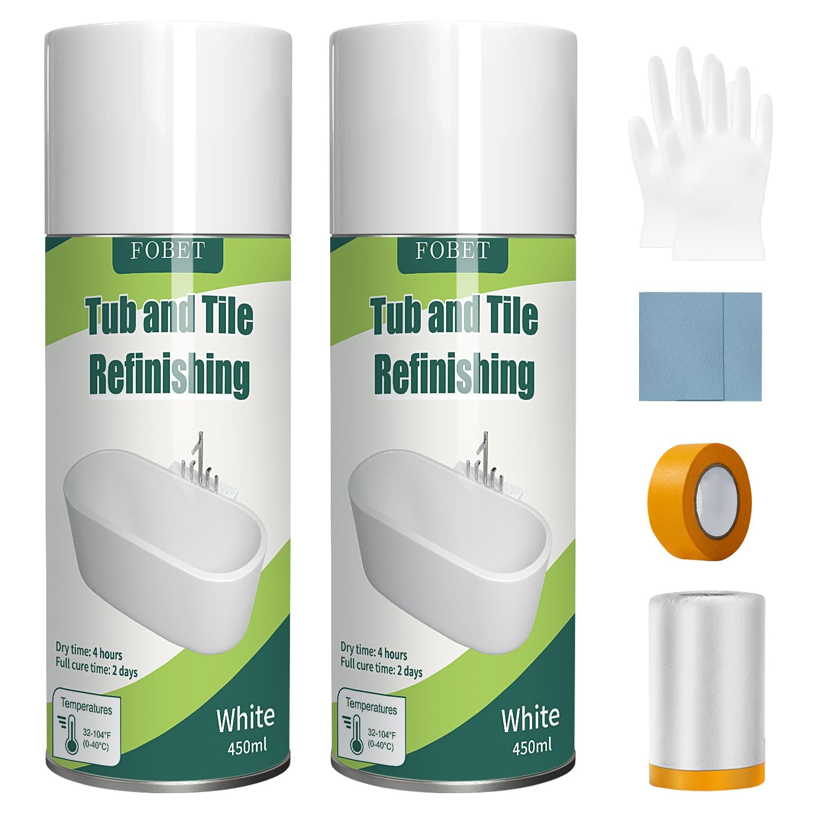 FOBET Tub and Tile Spray Paint 450ml (Pack of 2), Bathtub Refinishing Kit, Refinish the Surfaces of Porcelain, Ceramics, Fiberglass, DIY Resurfacing Countertop Sink Reglaze Bathroom Kitchen