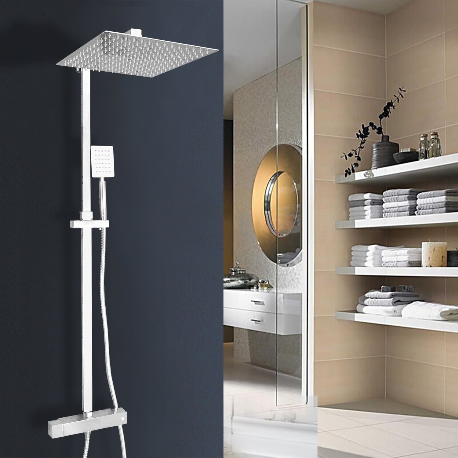 Vesuvio | Livingstone Luxury Ultra-Thin Thermostatic Mixer Shower Set - 12" 304 Stainless Steel Square Shower Head and Handset