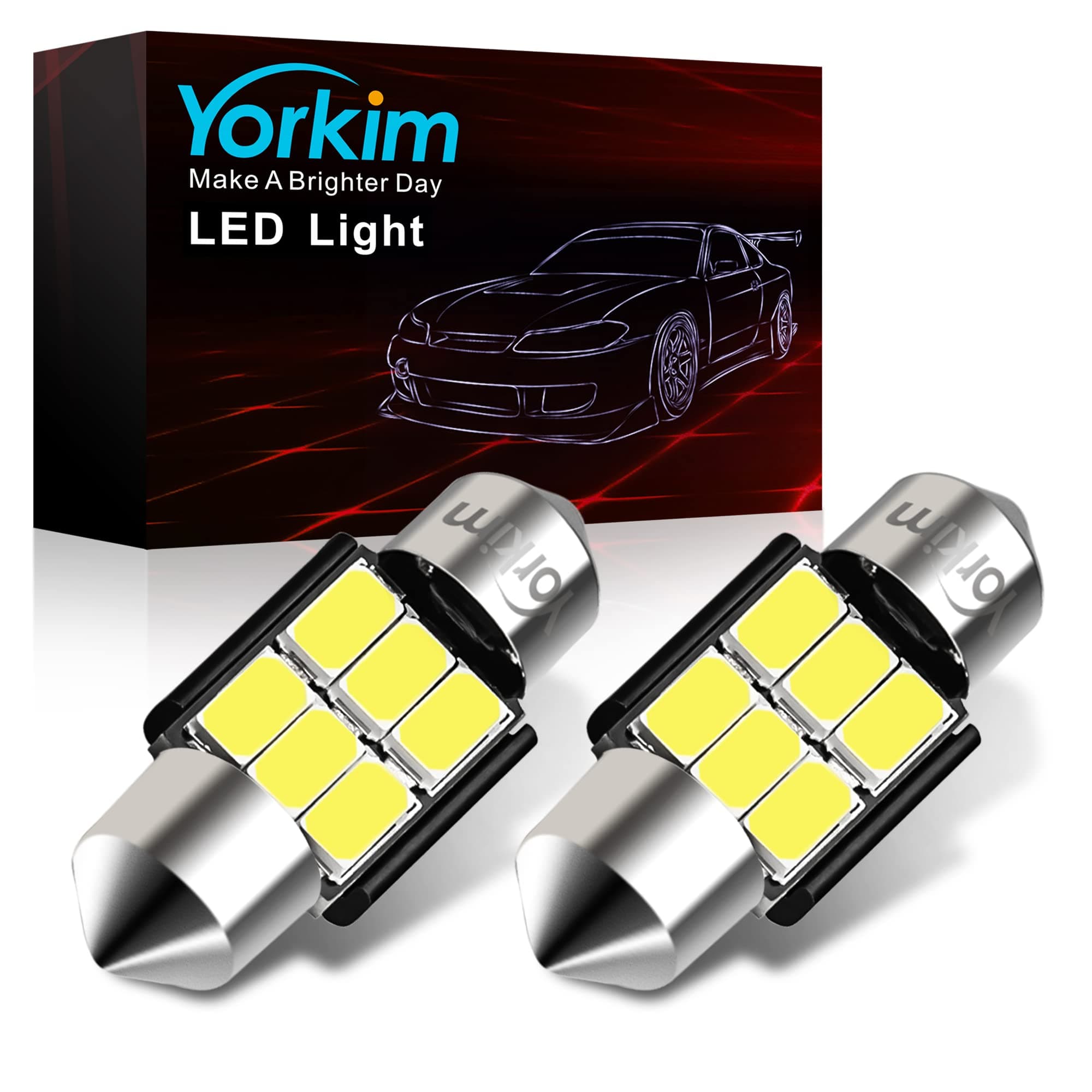Yorkim 31mm Festoon LED Bulbs White Super Bright Interior Car Lights Error Free CANBUS 6-SMD 5730 Chipsets, DE3175 LED Bulb, DE3022 3175 LED Bulbs - Pack of 2