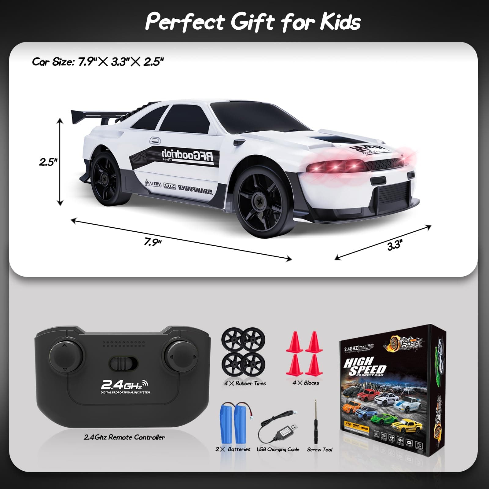 RC Drift Car, 1/24 2.4GHz Remote Control Car 4WD High Speed Drifting RC Cars with LED Light, Two Rechargeable Batteries and Drift Tires for Kids Boys Girls and Adults, White