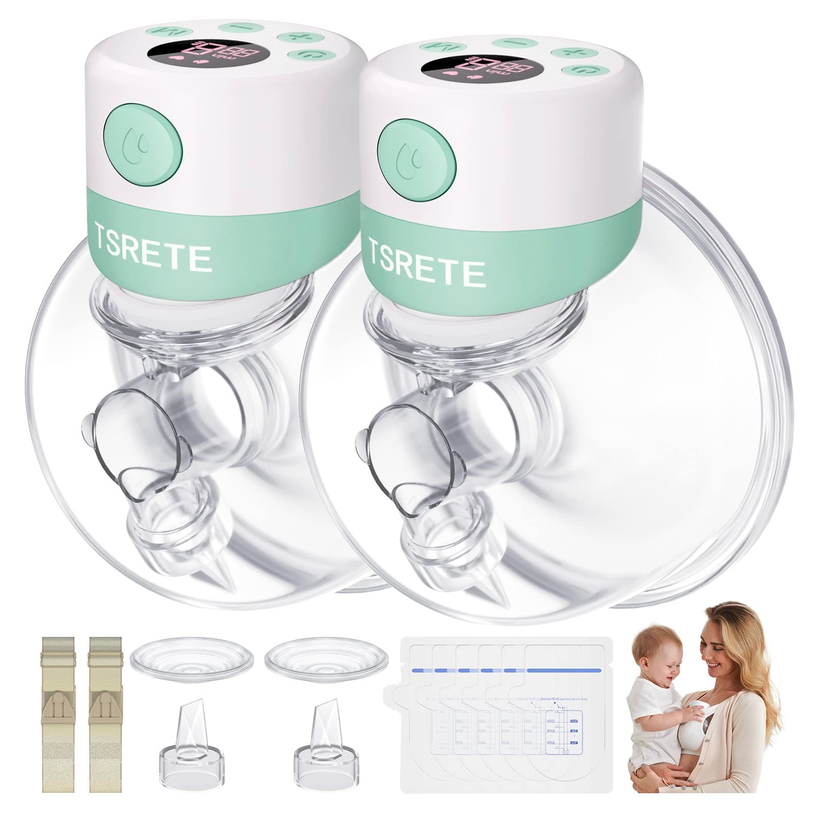 Double Wearable Breast Pump, Electric Hands-Free Breast Pumps with 2 Modes, 9 Levels, LCD Display, Memory Function Rechargeable with Massage and Pumping Mode 24mm Flange-Green