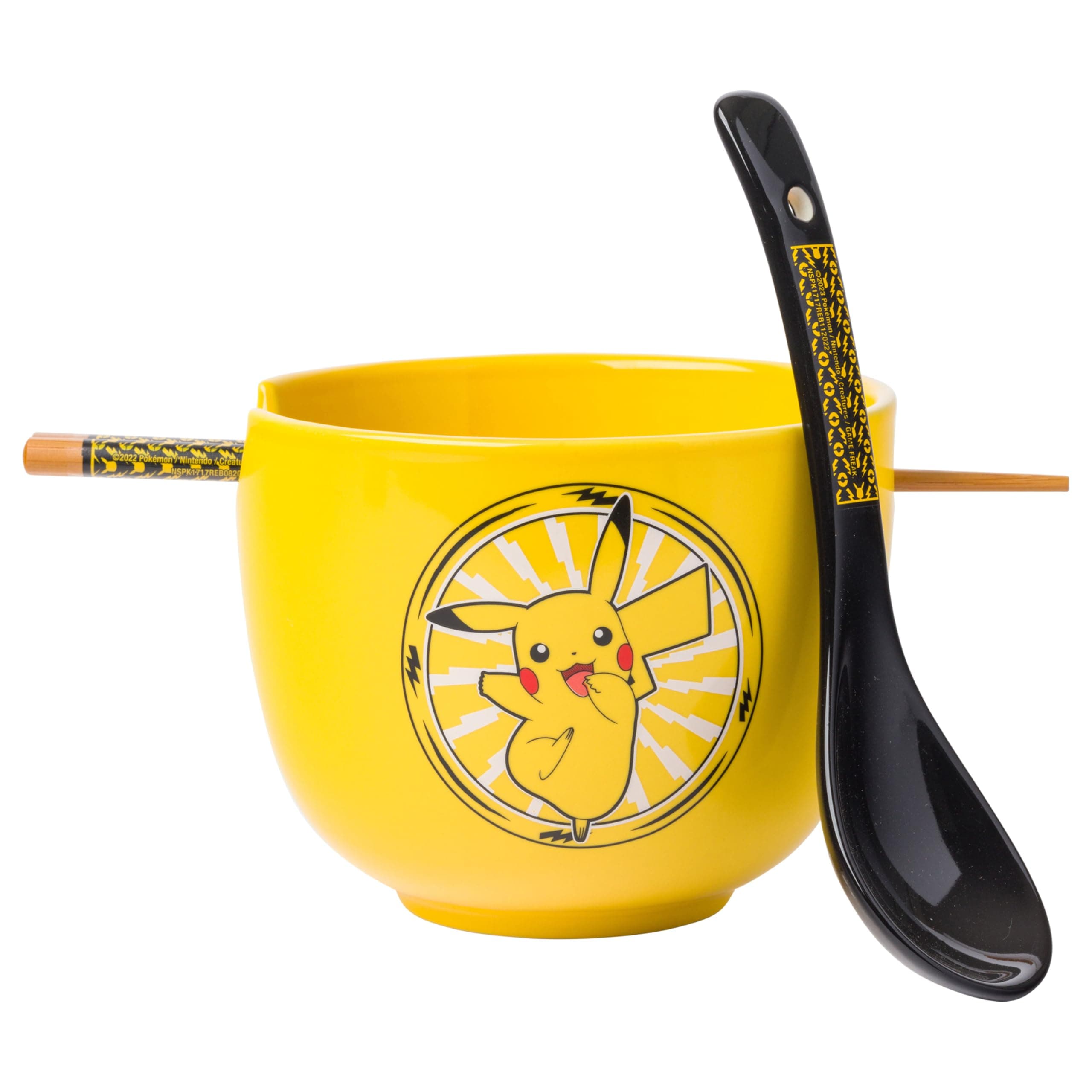 Silver Buffalo Pokemon Pikachu Lightning Ceramic Ramen Bowl with Chopsticks and Spoon, 20 Ounces, Yellow/Multi