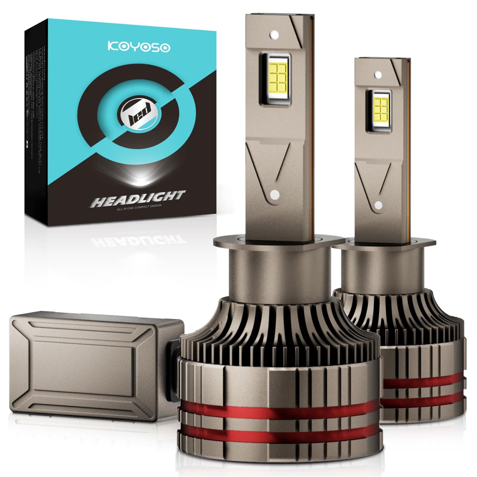 KOYOSO H1 LED Headlight Bulbs, 10000LM, 6000K White, 12V, 2 Lamps, Included Components: LED Headlight Bulbs, Light Color: White, Number of Pieces: 2