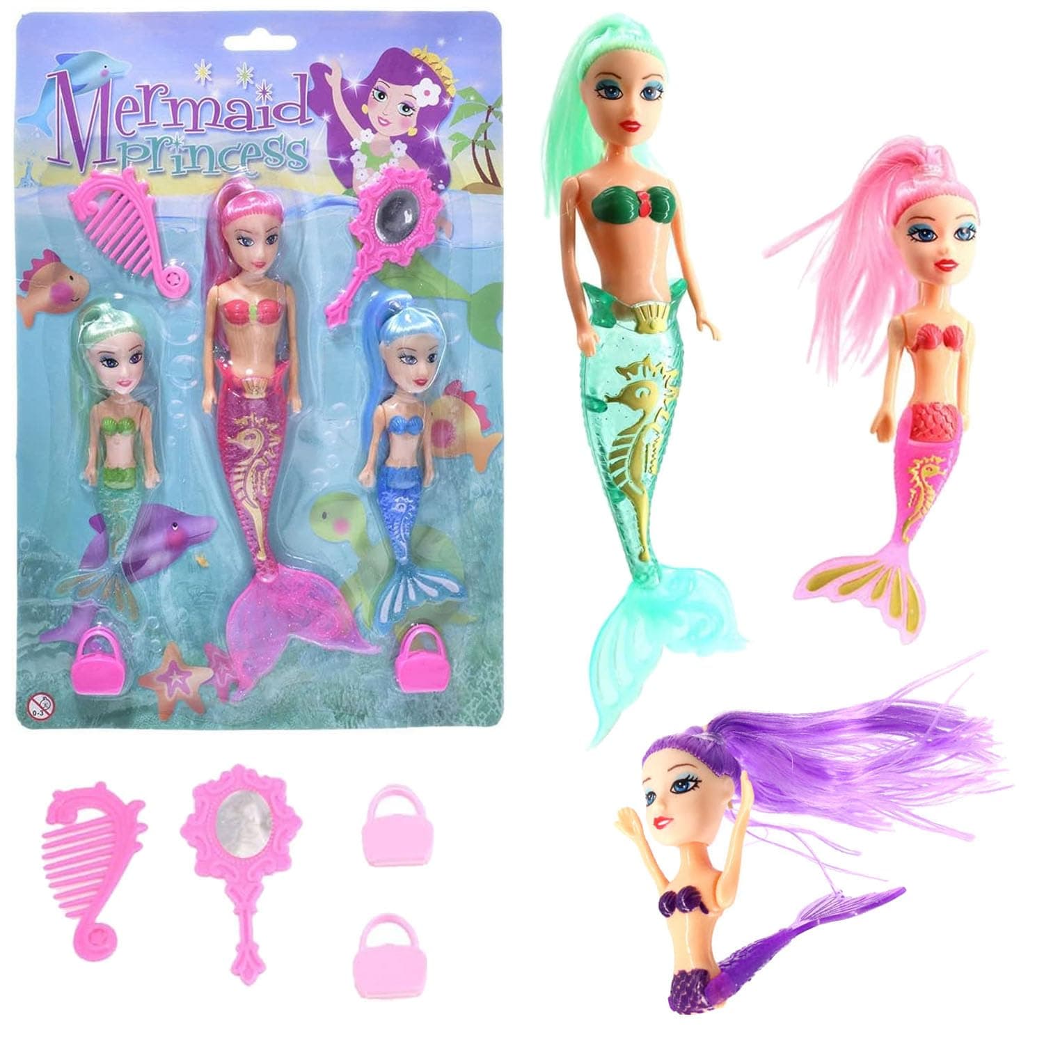 7 Piece Bath Time Toy Set - 3 Mermaid Princess Dolls with Bright Long Hair and Hair Brush & Mirror Accessories, Boys and Girls Ocean Themed Waterproof Toys, Ideal for Bath, Pool Pretend Fun Play
