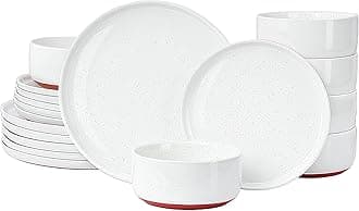 GZG Modern Art Series - 18 Pcs Speckled Stoneware Plates and Bowls Sets, Ceramic Dinnerware Set with Rustic Terracotta Underside, Microwave and Dishwasher Safe Handcrafted Dishes Set - Porcelain White