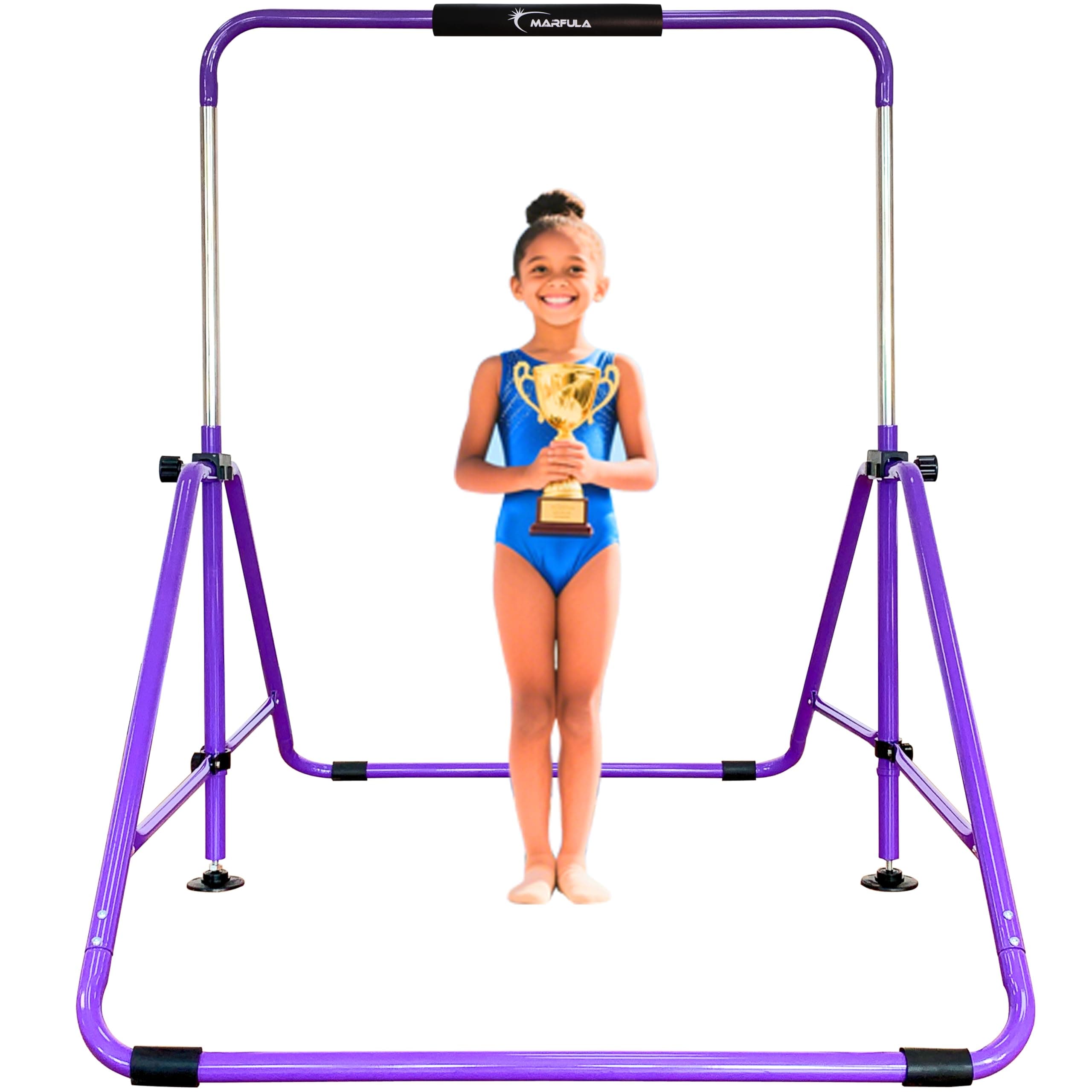 MARFULA Upgrade Folding Gym Bar with Mat for Children Ages 3-12, 90kg Weight Capacity, Gymnastic Kip Bar Horizontal Bar for Kids, Gym Exercise Equipment for Home Use