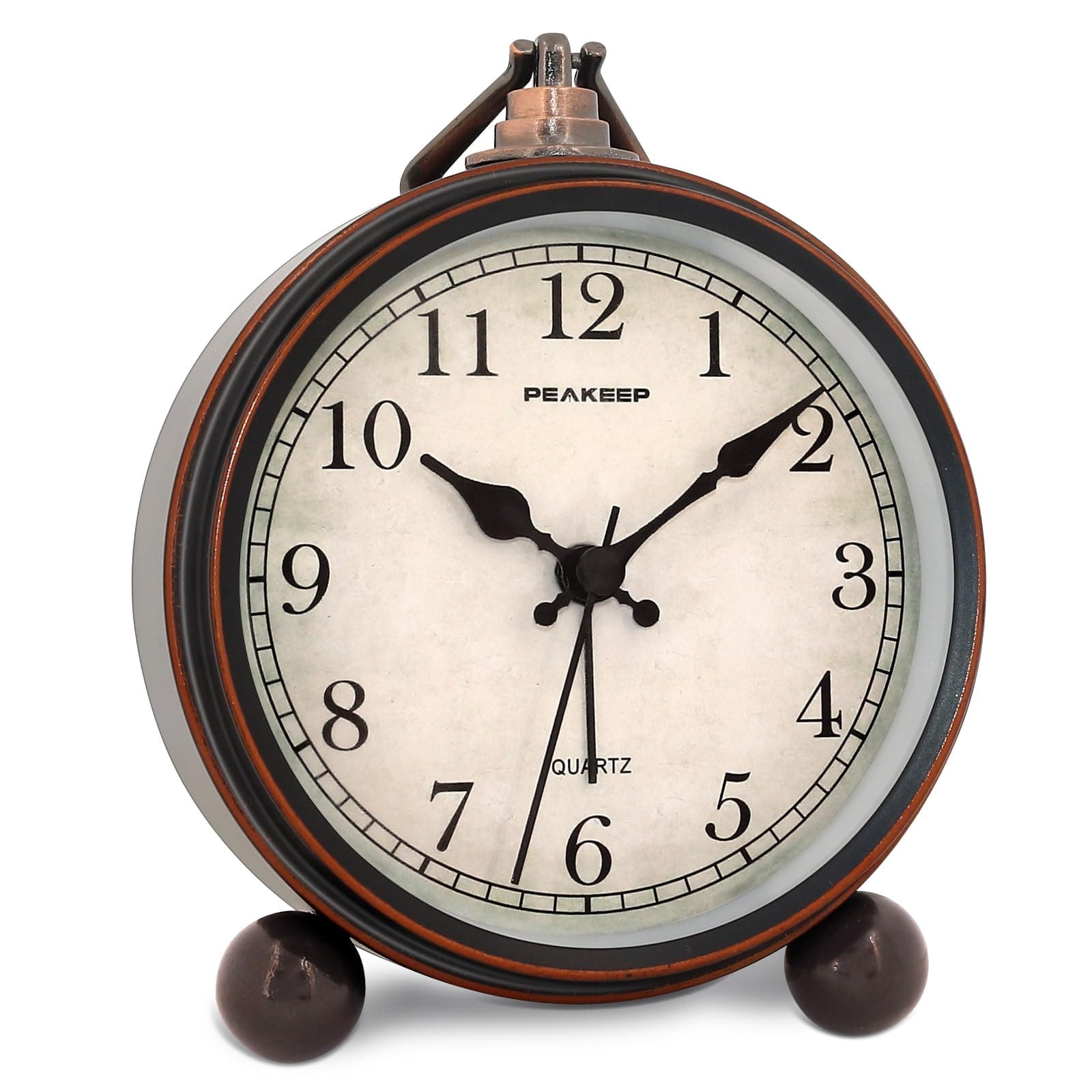 Peakeep4" Small Battery Operated Antique Retro Analog Alarm Clock with Contour Lines in Gold for Room Decors, Silent Elegant Bedside Desk Gift Clock