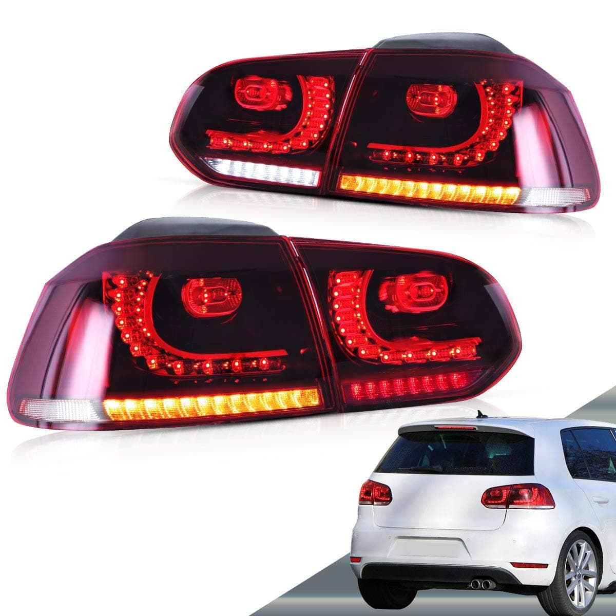 VLAND Led Tail lights Compatible with Golf 6 MK6 2010 2010 2011 2012 2013 2014, Full LED Rear Lamp Assembly w/Sequential Turn Signal, Red&Clear Lens