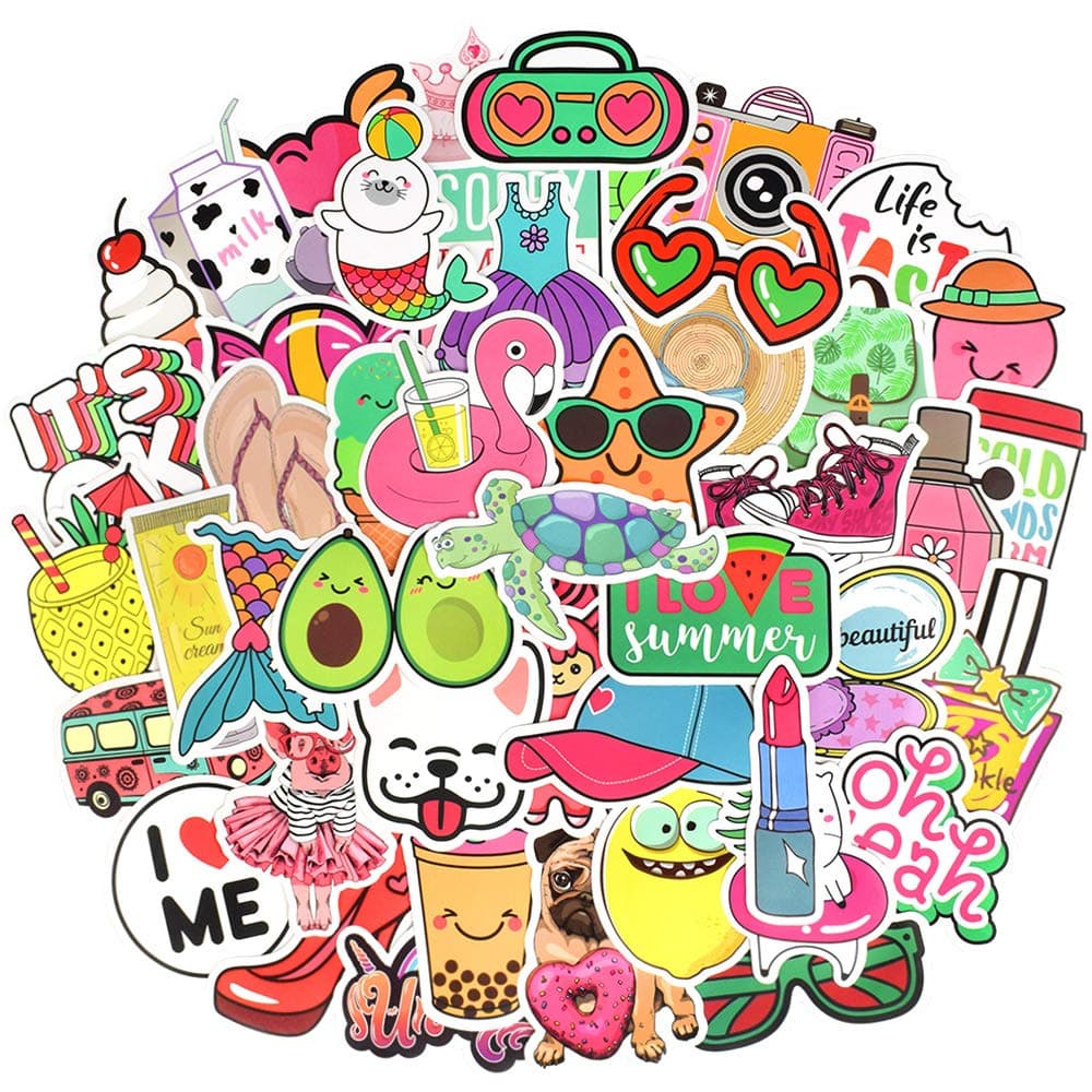 QTL Waterproof Cute Vinyl Stickers Pack for Water Bottle Laptop for Teen Girls (50Pcs Beach Style)