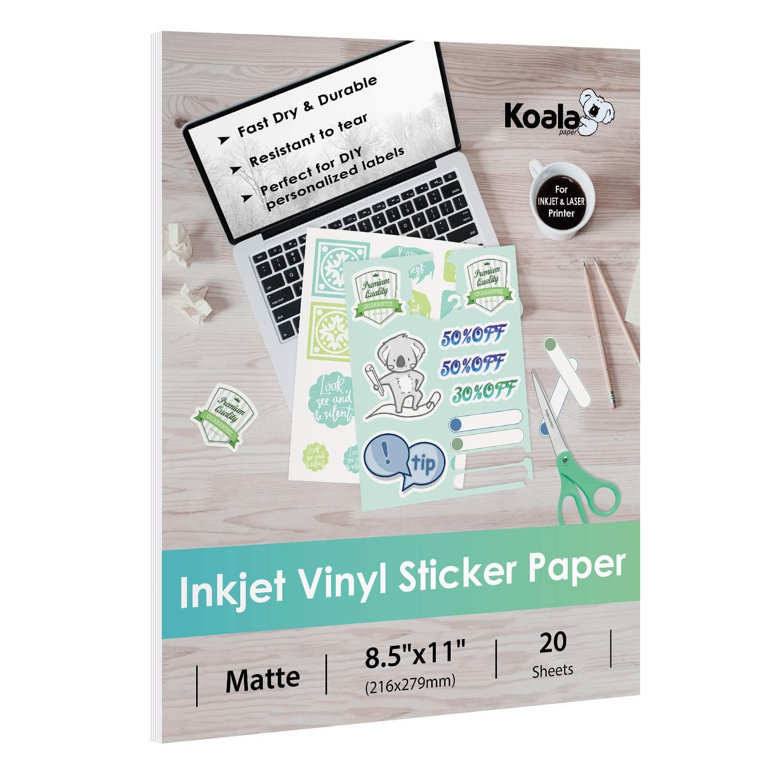 Koala Paper Printable Vinyl Sticker For Inkjet Printer - 20 Sheets Matte White, Waterproof 8.5X11 Inch, Work With Cutting Machine
