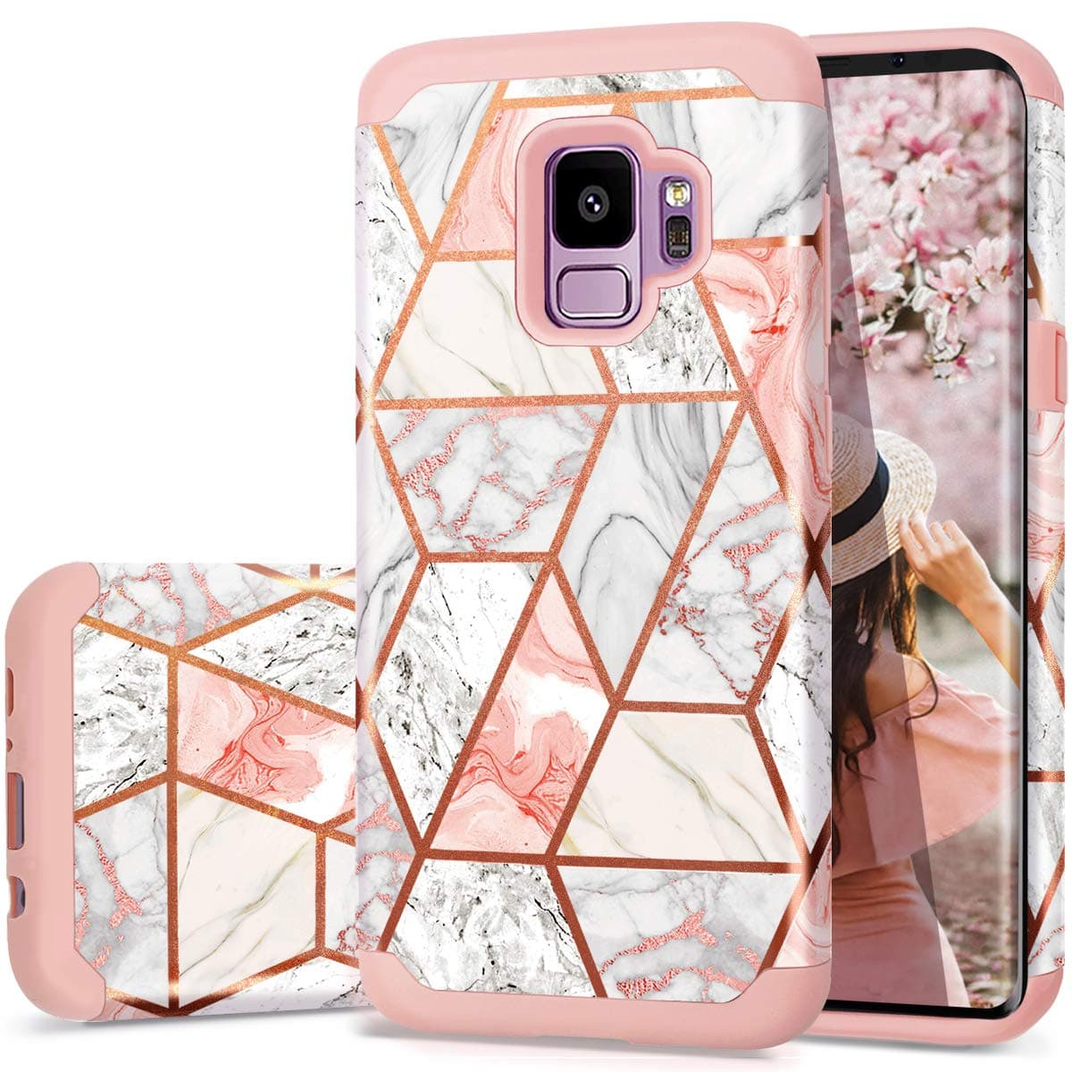 FingicSamsung S9 Case, Galaxy S9 Cases, Samsung Galaxy S9 Case Marble Rose Gold Glitter Slim Fit Hard PC Soft Silicone Shockproof Anti Scratch TPU Bumper Hybrid Protective Galaxy S9 Case for Girls