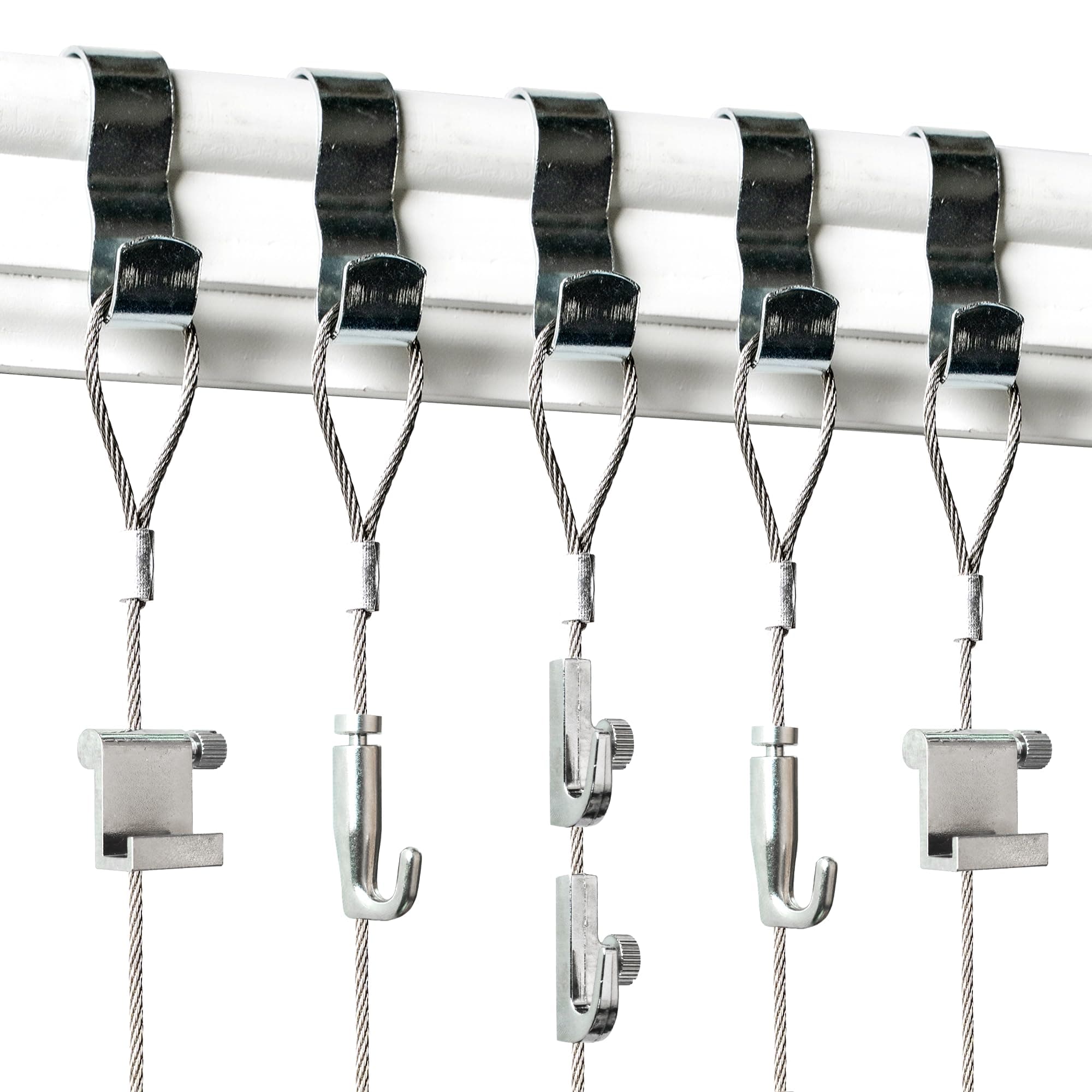 Picture Hang SolutionsRail Hooks and Wire - 5 Pack - Rail Hanging System - Silver Molding Hooks for Hanging - Gallery Hanging System Includes Rail Hook, Wire Cables and Adjustable Hooks