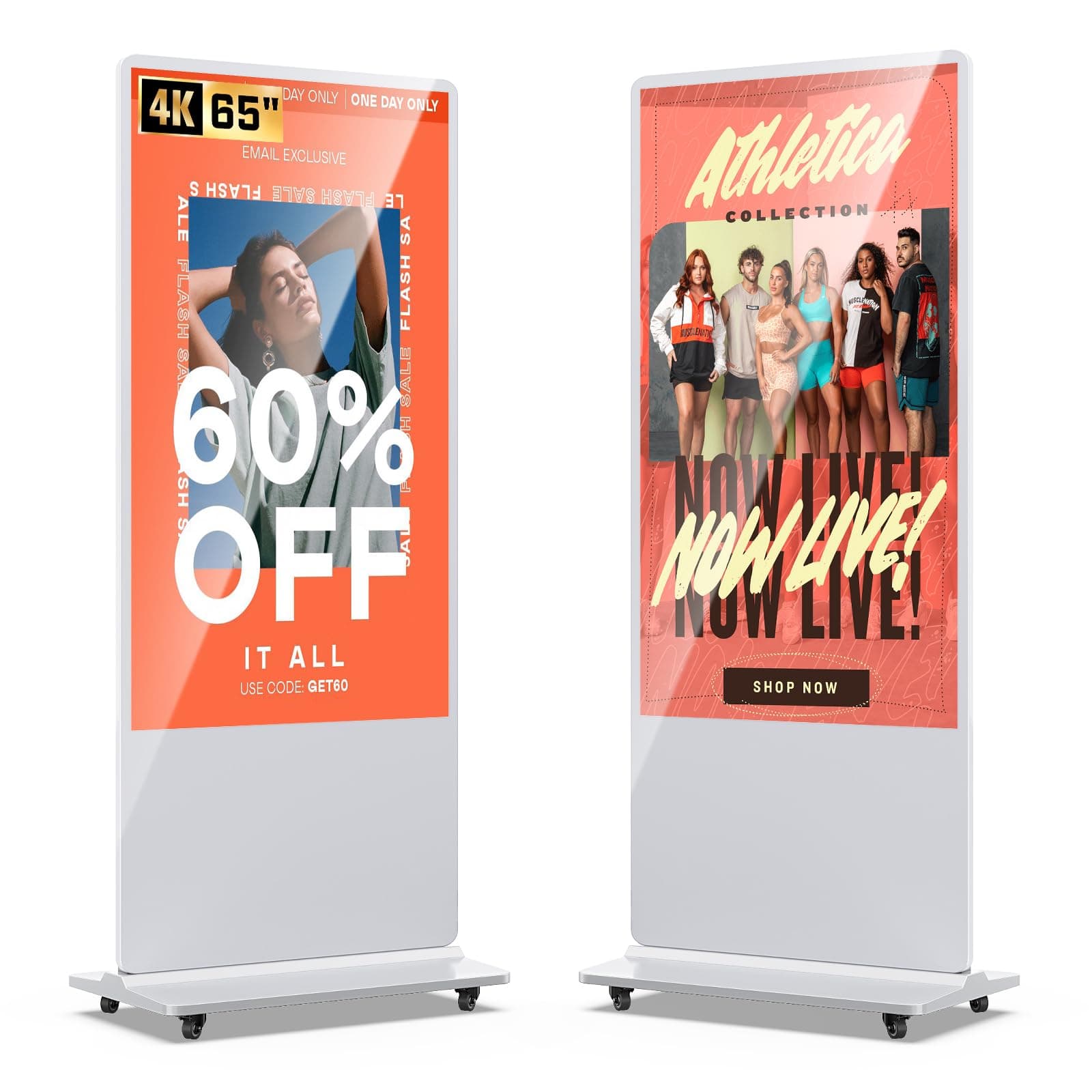 MWE 65 Inch 4K Digital Signage Display Kiosk, Indoor Floor Standing Advertising Display Poster, LCD Commercial Display with Auto Media Player, Android System, HDMI/USB/WiFi, White