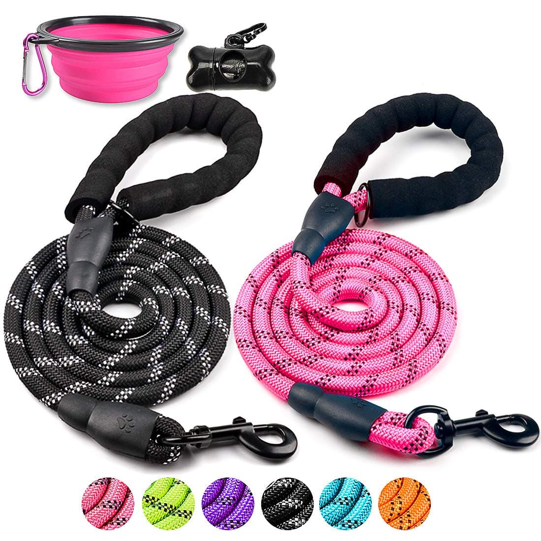 2 Pack Dog Leash 5 FT Thick Durable Nylon Rope - Comfortable Padded Handle Reflective Rope Dog Leash for Medium Large Dogs with Collapsible Pet Bowl and Garbage Bags (Black+Pink, 1/3" x 5 FT)