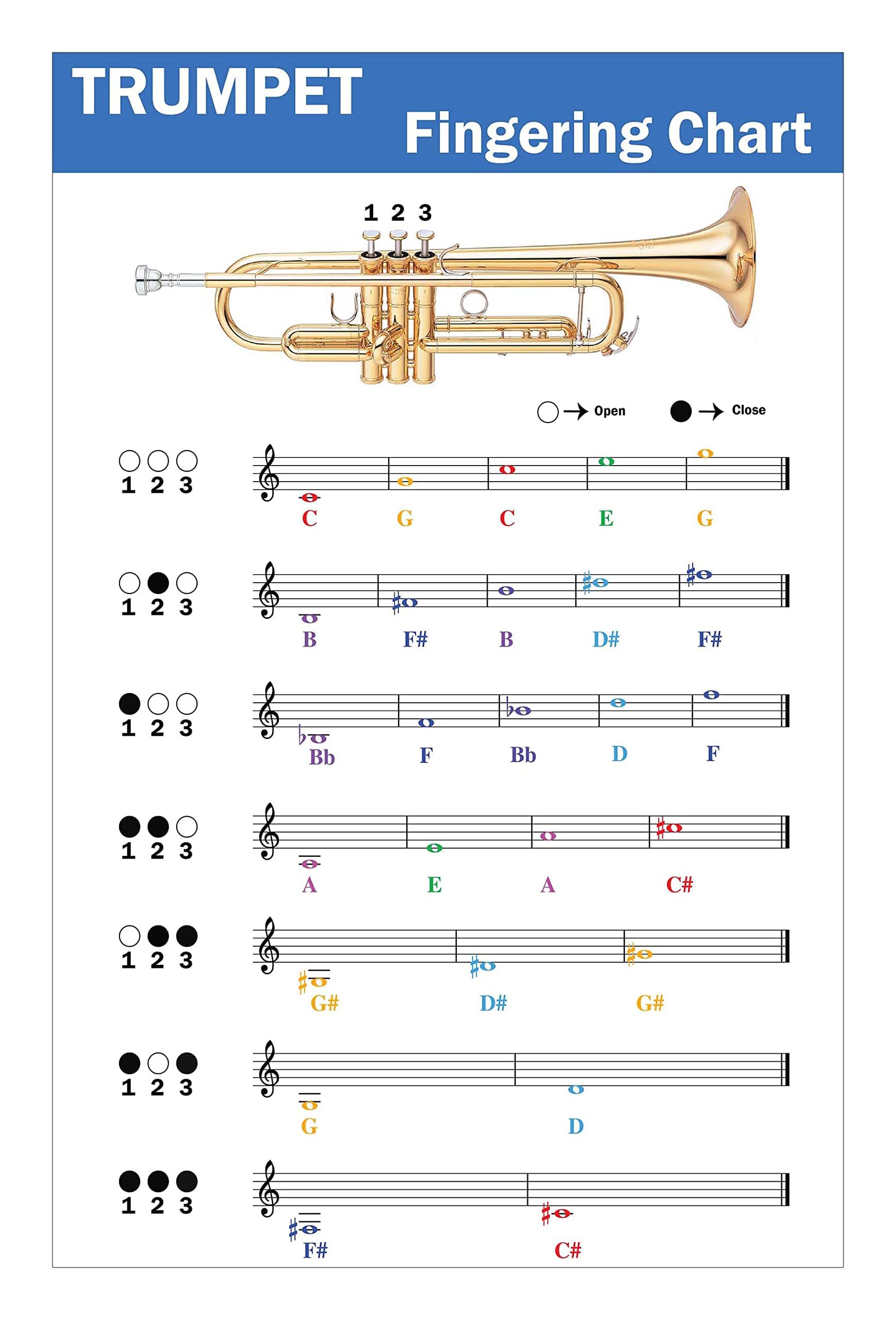 Trumpet Fingering Chart with Color-Coded Notes, Trumpet Scales Techniques