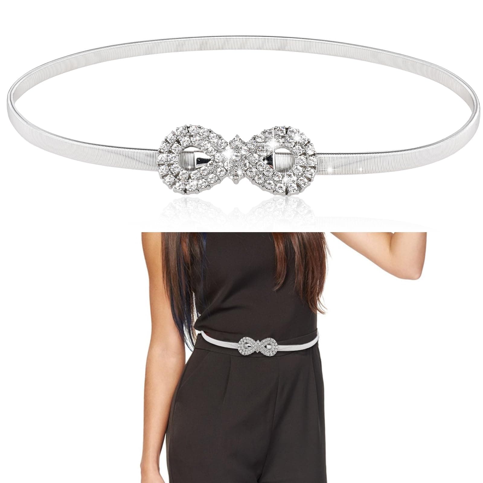 KALIONEWomen's Rhinestone Belt,Metal Skinny Waist Belt Elastic Stretch Rope Chain Belts for Women Girls Dresses Jeans