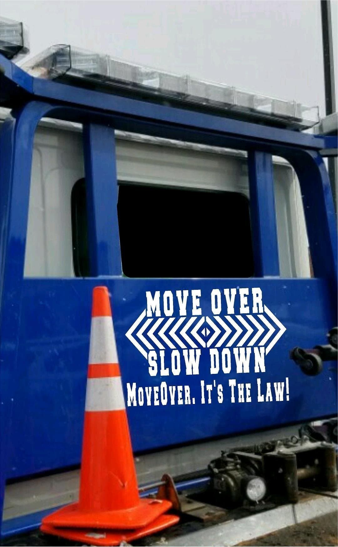 Move over slow down it's the law! Custom rear window tow truck Emergency warning Vinyl sign decal increase awareness motor vehicle accidents and break downs.