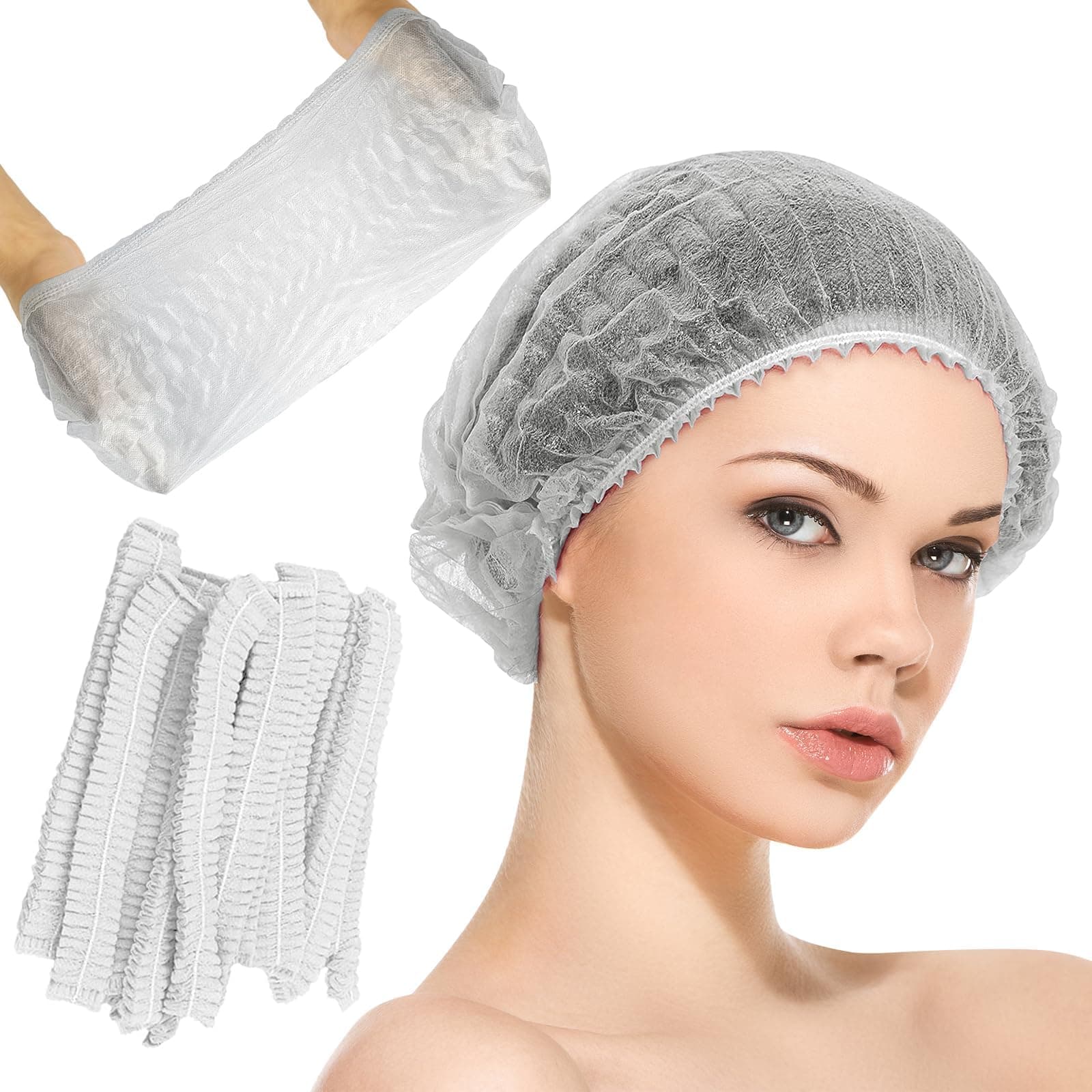 MOMENT 100 Pcs Shower Cap 21 Inch White Disposable Hairnet Head Cover Elastic Bouffant Cap Non-Woven Hair Covering Net for Medical Hospital Lab Restaurants Spa Salons