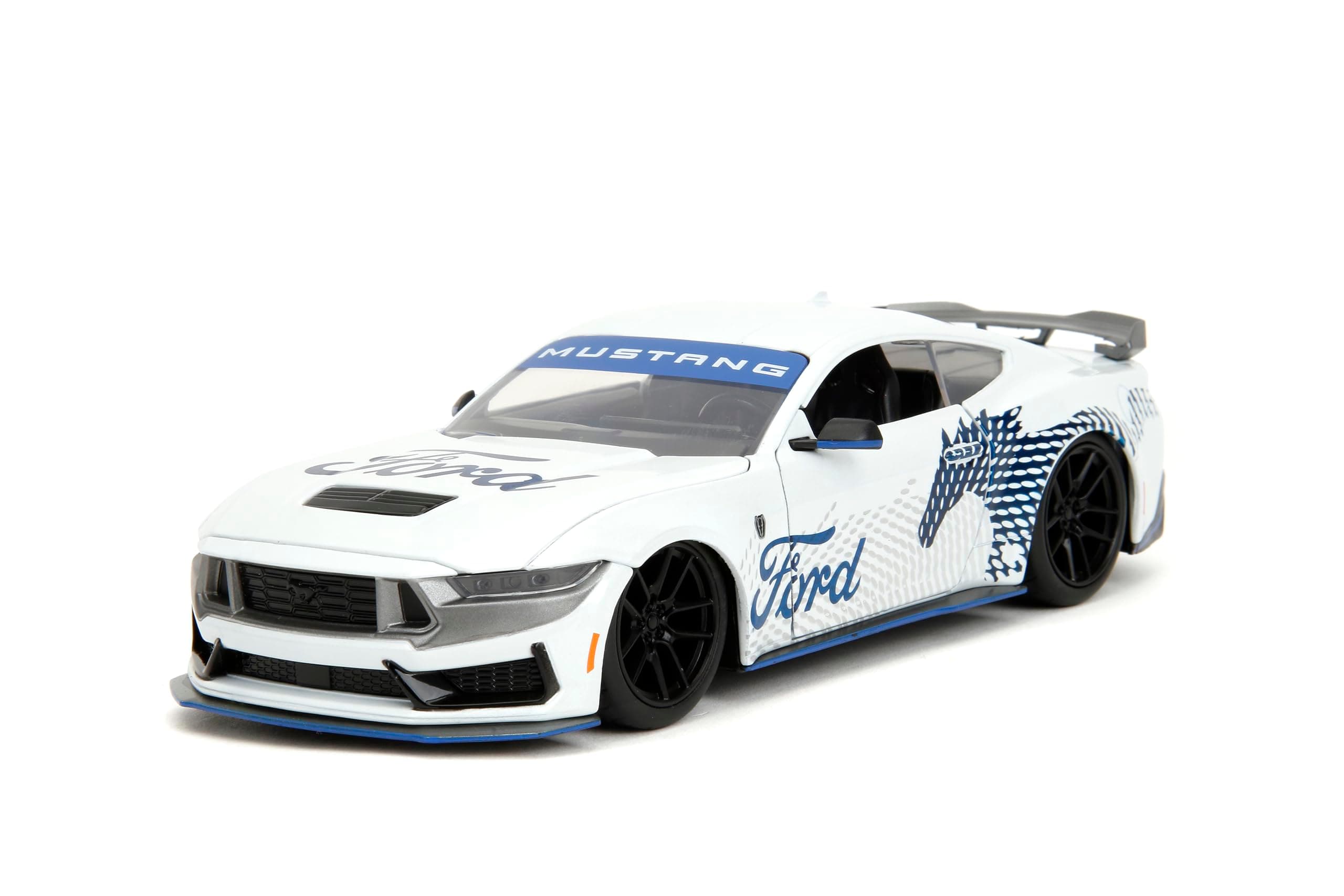 Big Time Muscle 1:24 2024 Ford Mustang GT Dark Horse Die-Cast Car, Toys for Kids and Adults(White with Blue Horse Deco)