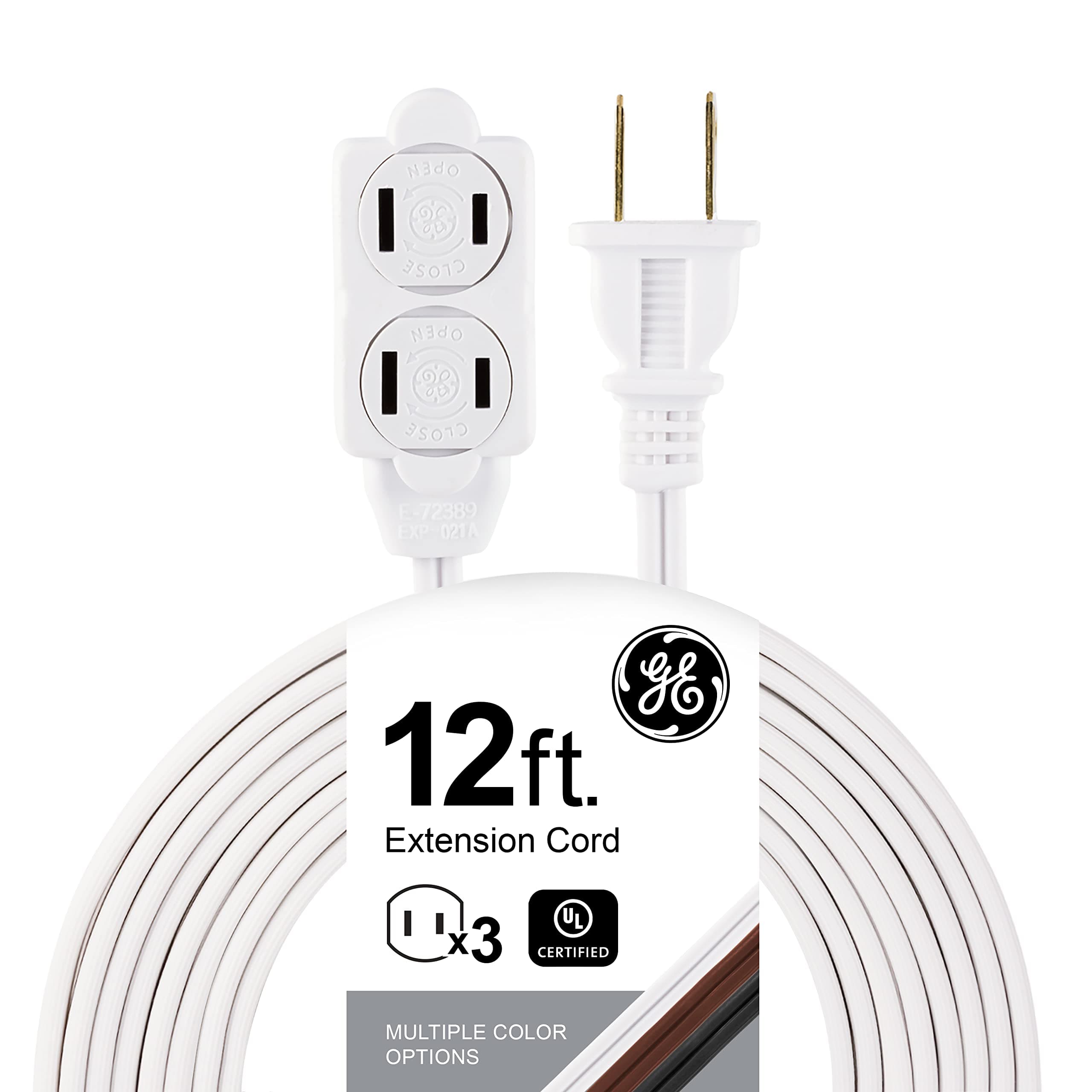 GE 3-Extension Cord with Multiple Outlets 12 Ft Power Strip 2 Prong 16 Gauge Twist-to-Close Safety Covers Indoor Outlet Extender UL Listed White 51954