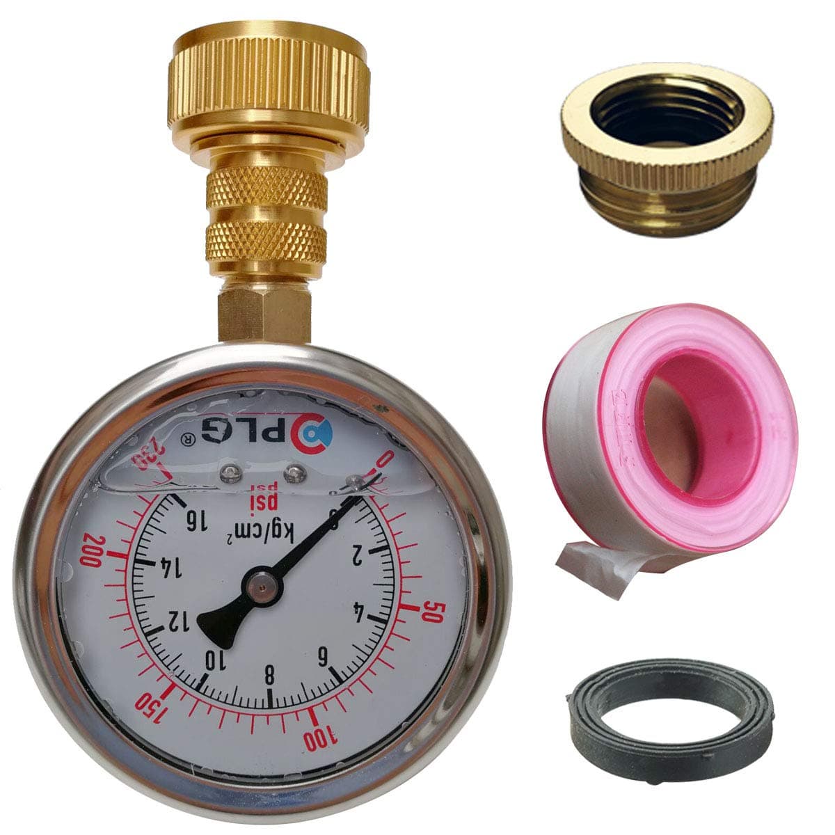 PLG Water Pressure Gauge Test Set,2 in. 0 psi 230 psi,with Teflon Tape About 300 inch, 3/4" GHT Female Hose Connector,3/4" to 1/2" Spigot Adapters