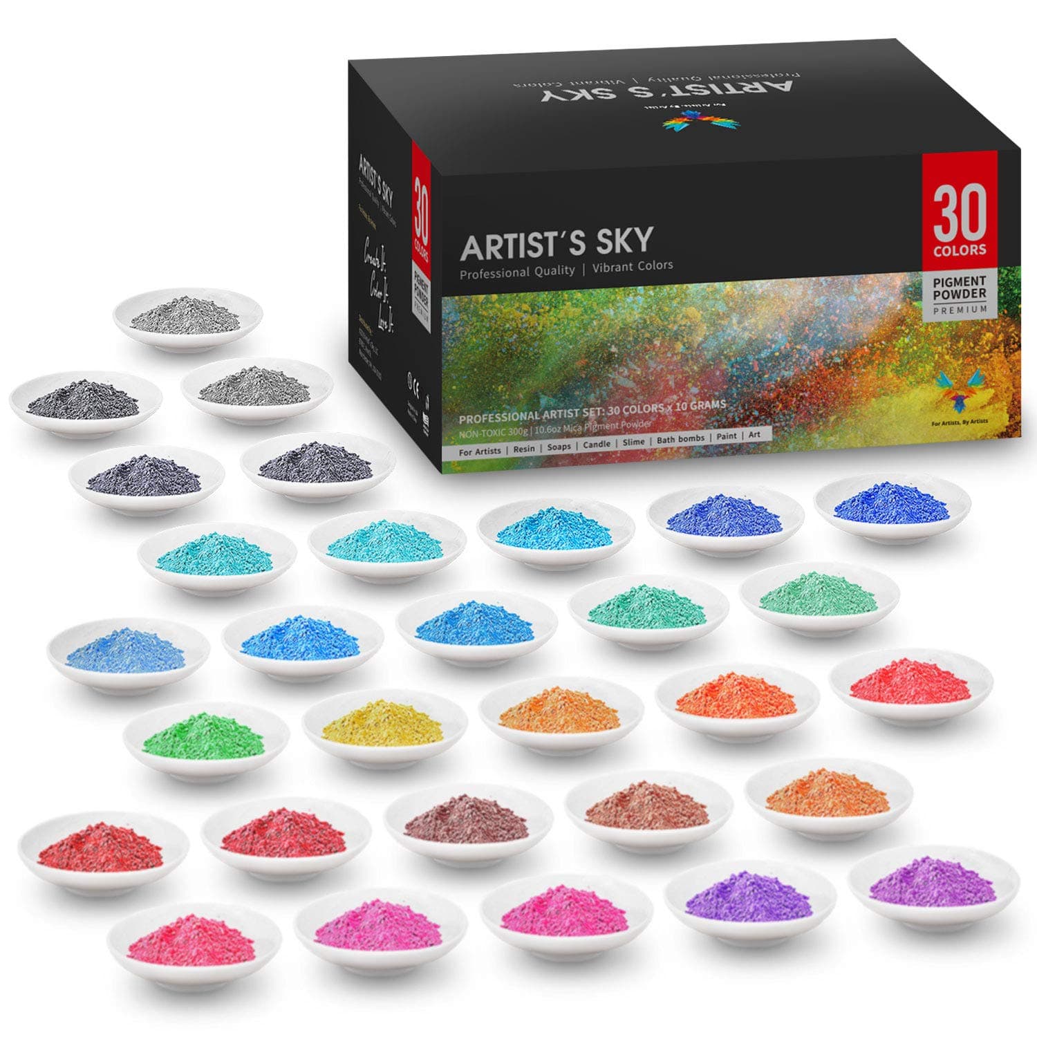 30 colors (300g/ 10.5oz) Mica Powder For Epoxy Resin Dye, Soap Dye, Hand Soap, Slime, Bath Bomb, Eye Shadow, Lip Gloss - Cosmetic Grade,