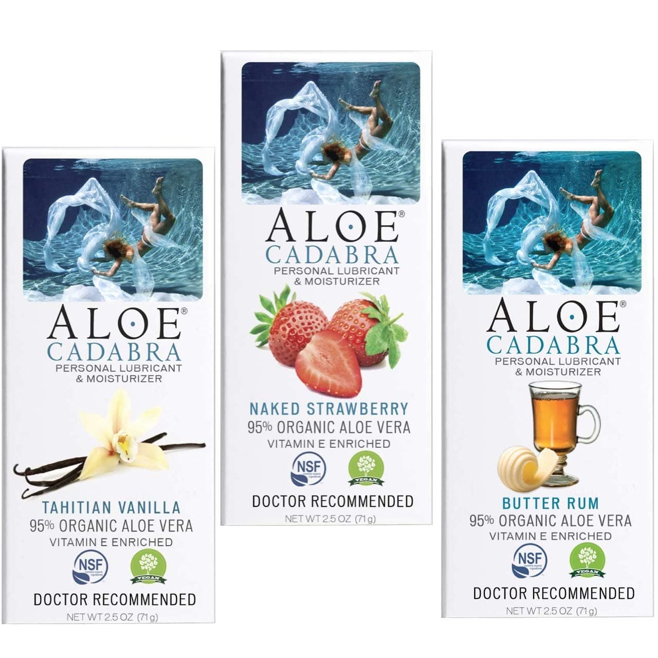 Aloe Cadabra All Natural Aloe Vera Lubricant & Moisturizer, Assorted Flavored Water Based Lube Travel Bundle for Her, Him & Couples: 1 each - Vanilla, Butter Rum and Strawberry