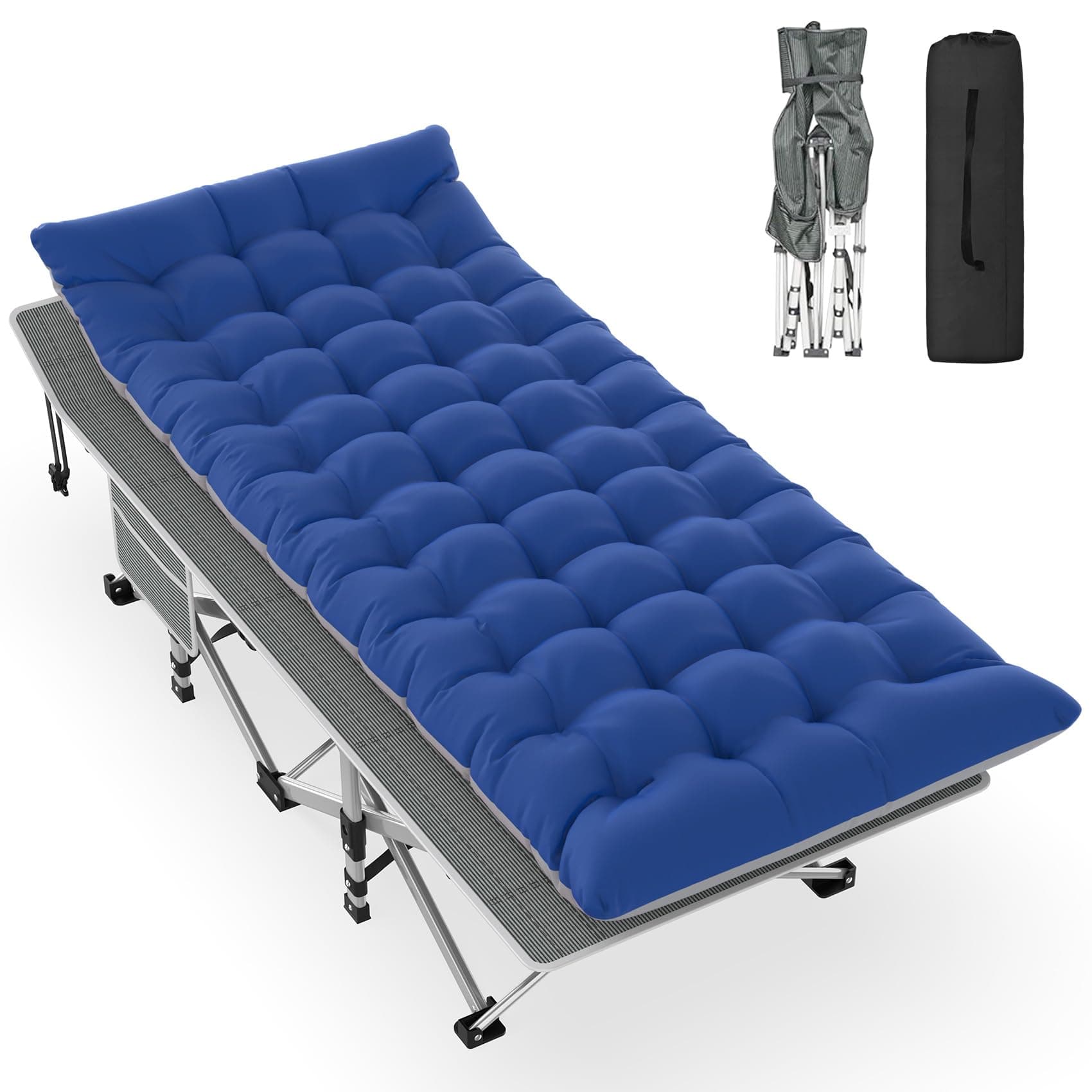 Slendor Folding Camping Cot with Mattress for Adults,74”L x 28”W x 15”H, Portable Sleeping Cot Bed for Tent, Office, Camping, Outdoor, Striated Gray Cot,Gray+Blue Pad,500lbs Load