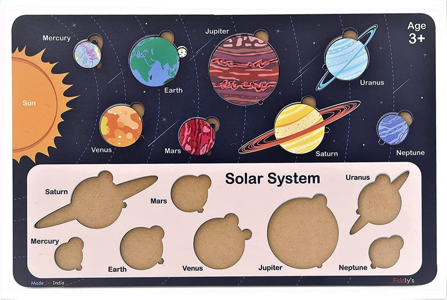Fiddlys Solar System Wooden Puzzle for Kids, Educational STM Toy, 30 x 20 x 2 cm Size
