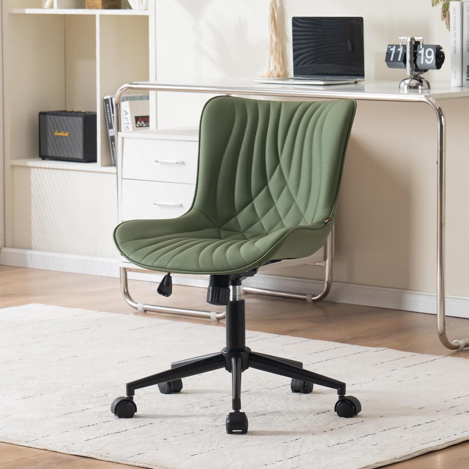 YOUTASTE Office Chair Adjustable, Ergonomic Desk Chair Armless PU Leather Swivel Chairs with Wheels for Home Office Computer, Modern, Olive Green