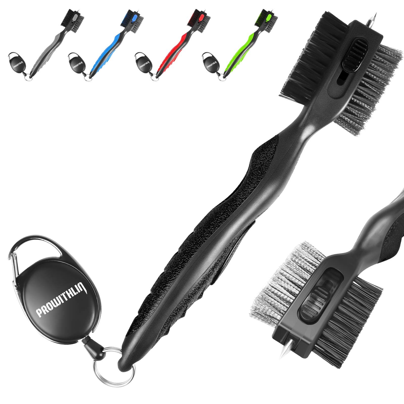 prowithlinprowithlin Golf Club Brush and Golf Clubs Groove Cleaner 2 in 1, 2ft Retractable Zip-line Metal Buckle and Retractable Sharp Pick Oversized Brushes Head Wire Bristles (Black Upgraded)
