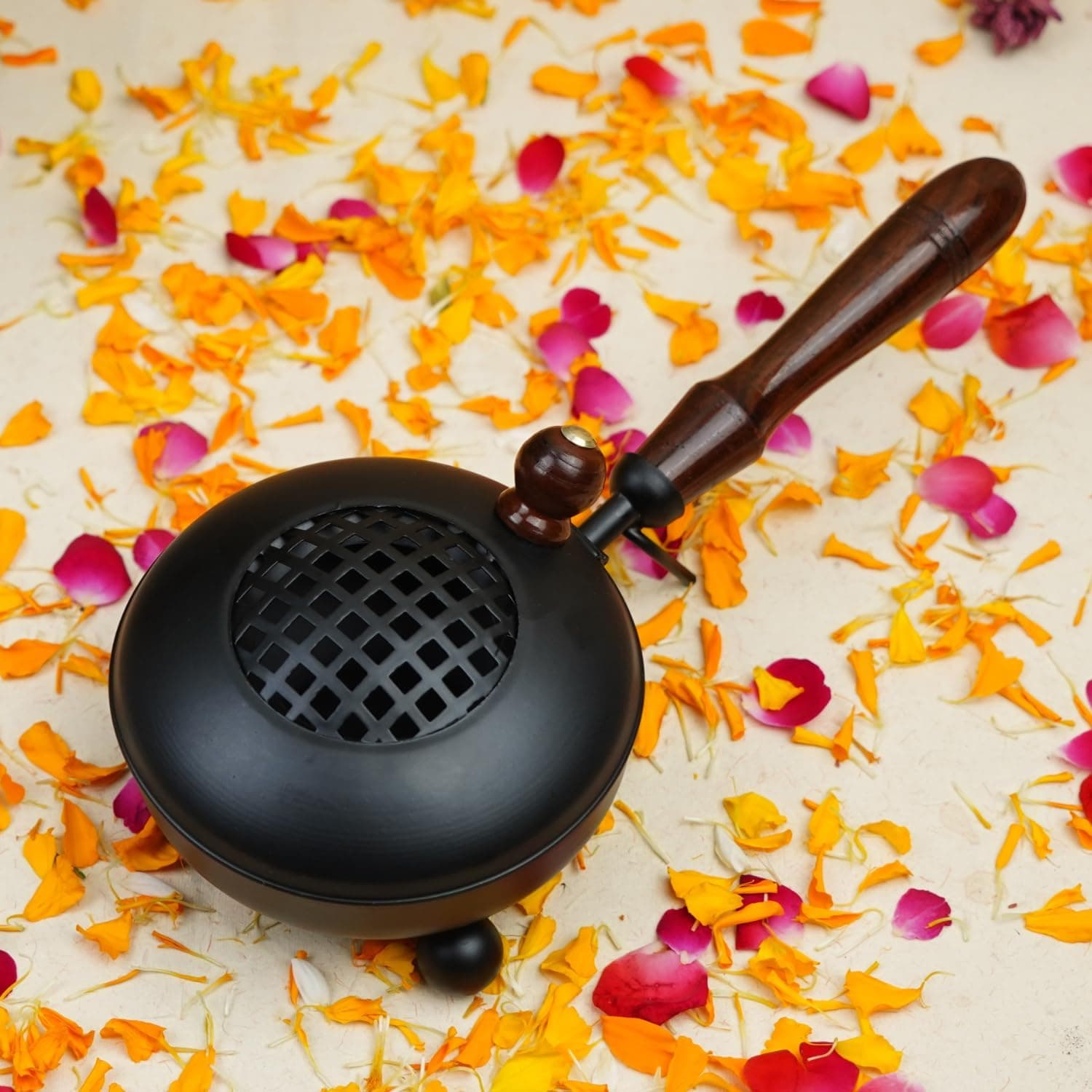 ServDharm Dhoop Dani with Handle | Incense and Loban Burner Dhuni Stand for Home, Office and Temple Pooja | Metal Dhoop Dani Antique Gold, Round, 4.4 Inch |11.4 cm