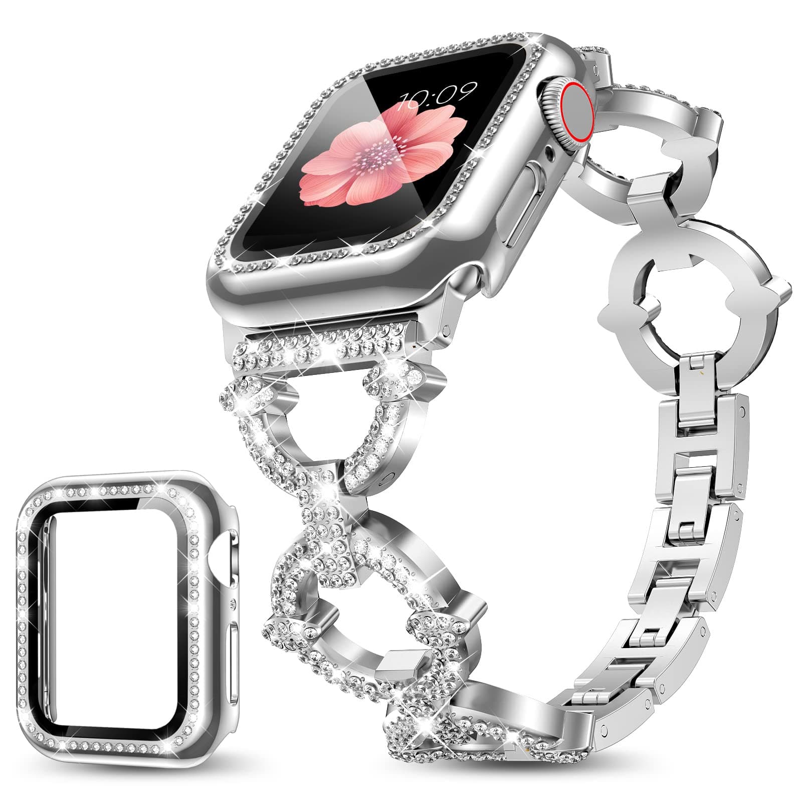 Mesime Compatible with Apple Watch Band 38mm 40mm 41mm 42mm 44mm 45mm 46mm, Women Bling Jewelry Bands with Tempered Glass Screen Protector Case, Shiny Strap for iWatch Series 11/10/9/8/7/6/5/4/3/2/1/SE