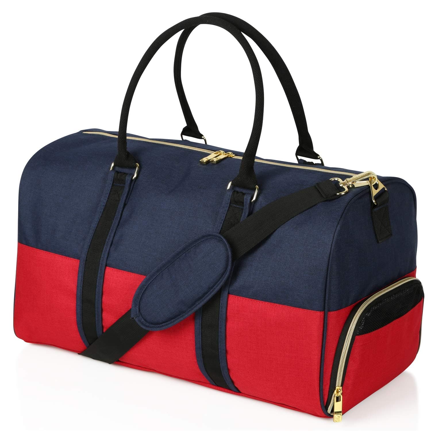 Canvas Style Duffel Bag for Men and Women with Shoe Compartment – Weekend Bag for Gym Overnight Baggage, (Navy-Red)