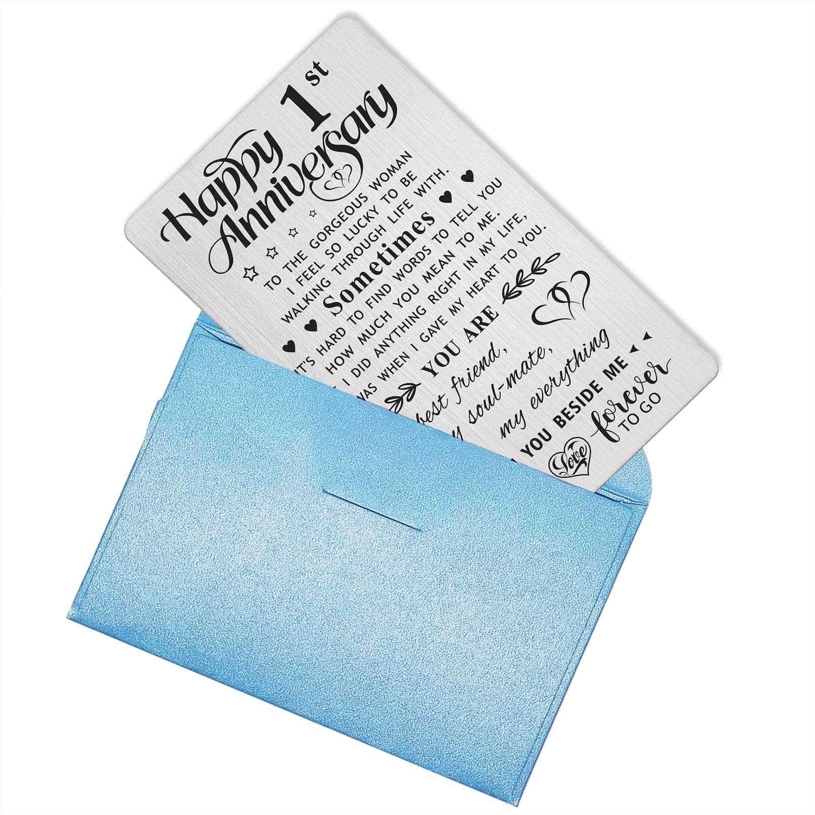 1st Anniversary Card Gifts for Her, Happy 1 Year First Anniversary Card for Wife, Metal Engraved Wallet Card