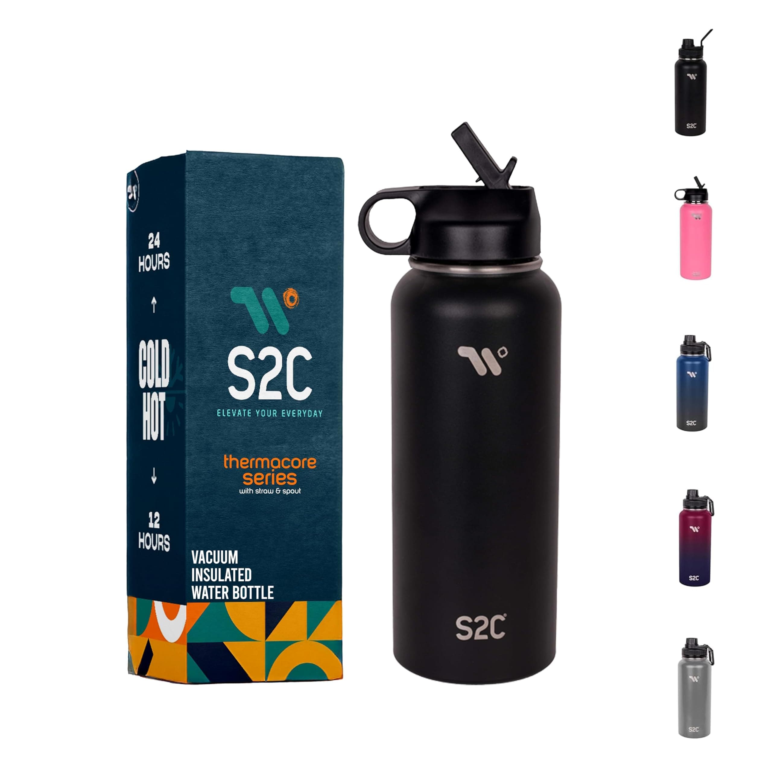 S2C Insulated Stainless Steel Water Bottle with Straw Lid - 1L BPA-Free Leakproof Design, Keeps Drinks Hot 12 Hours & Cold 24 Hours, Perfect for Travel & Outdoor Adventures (BLACK)
