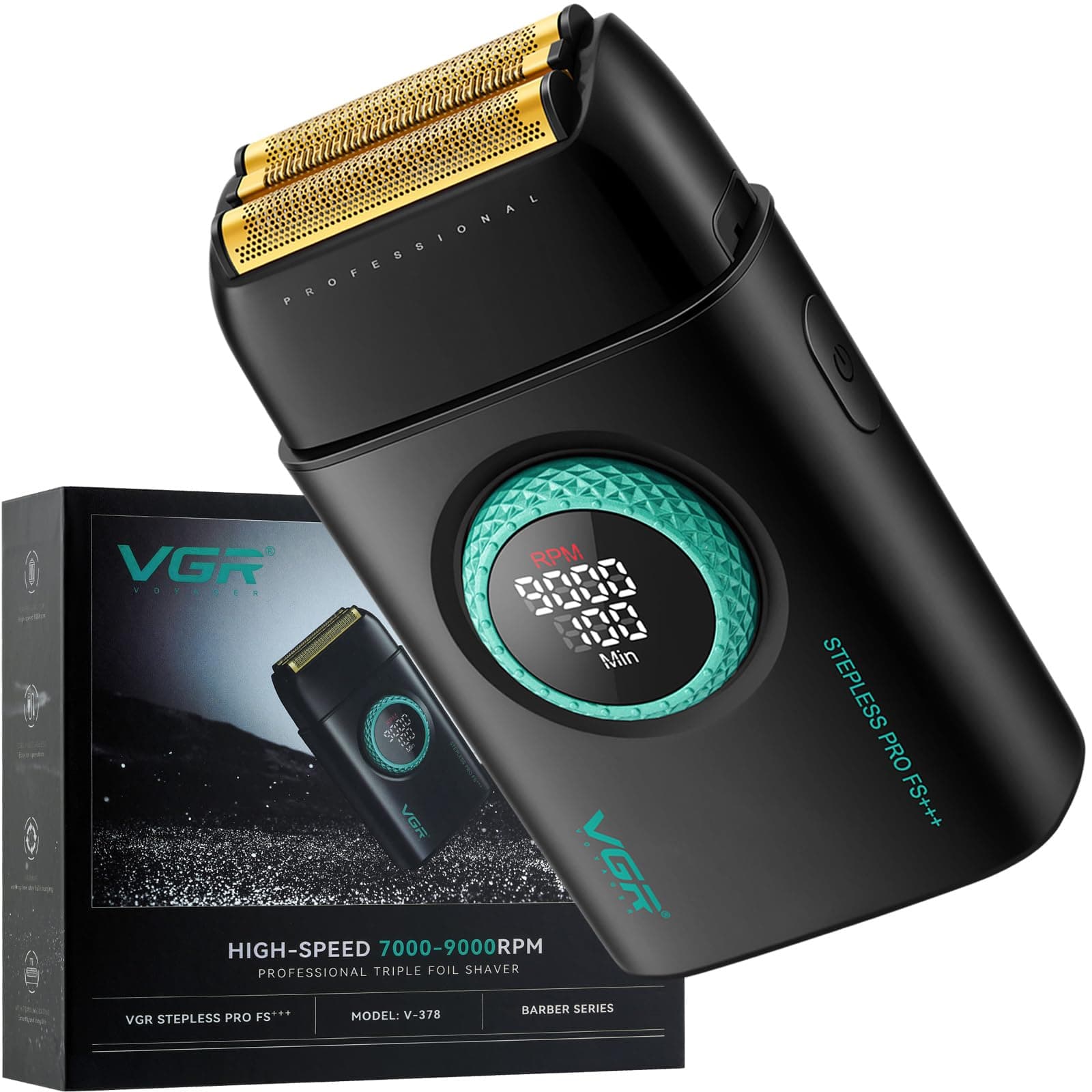 378 Electric Shaver for Men, Cordless Triple Floating Blade Razor with 9000 RPM Motor, Titanium Foils Bald Shaver and LED Display, Barber Supplies (Black)