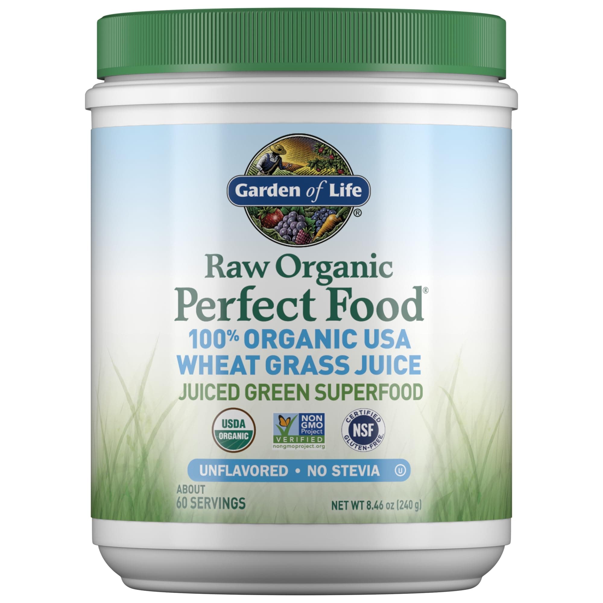 Raw Organic Perfect Food 100% Organic Usa Wheat Grass Juice - Juiced Green Superfood Greens Powder, 60 Servings - Stevia-Free, Non-GMO, Vegan, Gluten Free Whole Food Dietary Supplement