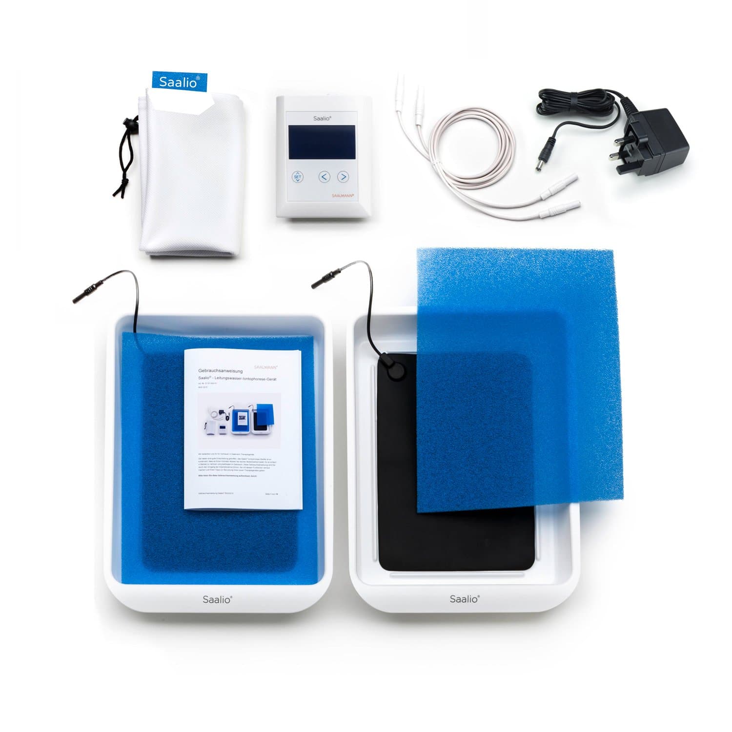 Saalio UK Set - Iontophoresis machine against excessive sweating of the hands and feet, pulse and direct current - with silicone electrodes (made in Germany)