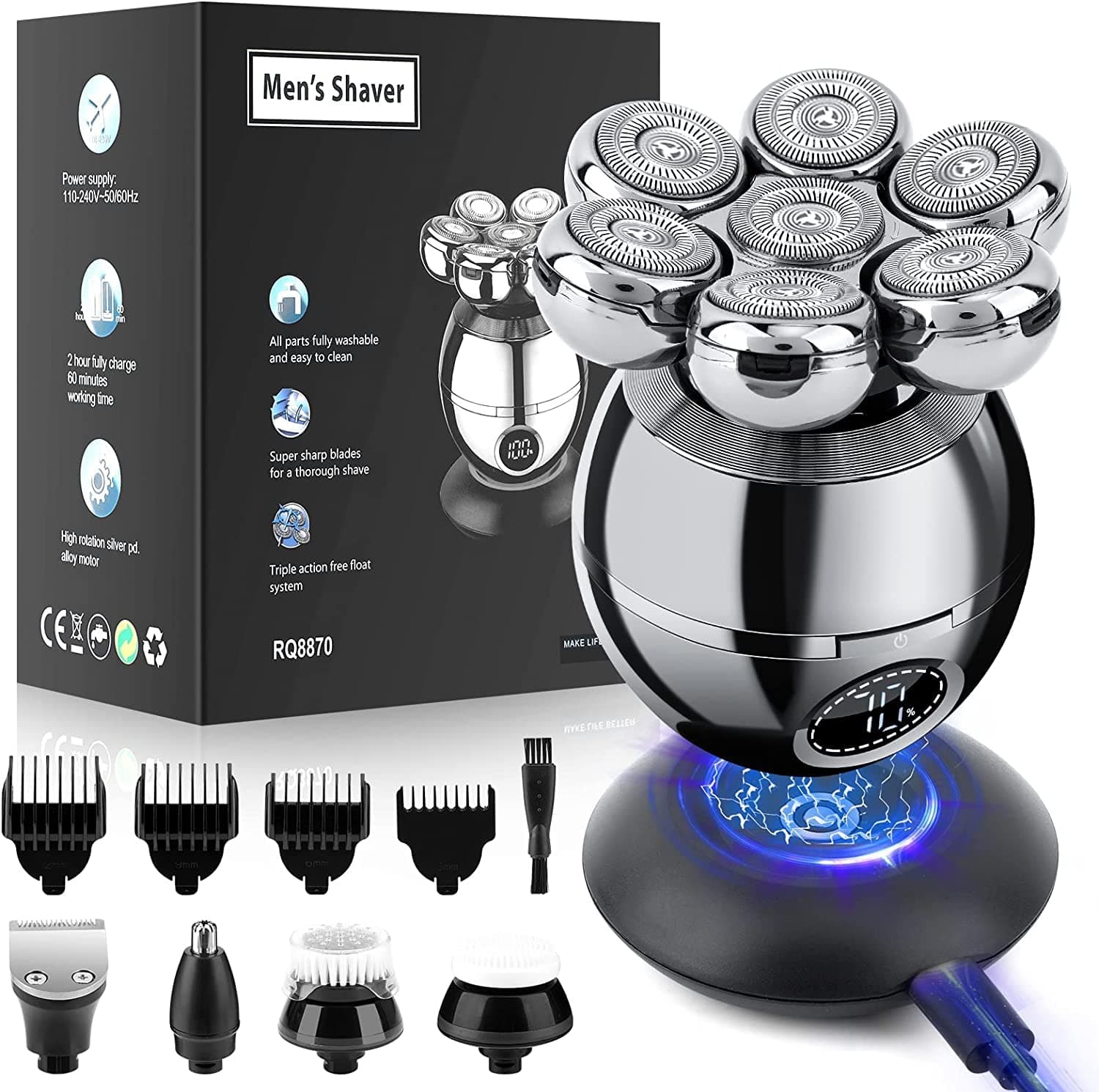 Head Shavers for Bald Men, Wjiang 6 in 1 Electric Razor Mens Shaver Wet Dry Cordless Electric Skull Shavers 7D Floating Rechargeable Bald Head Shaver Back for Men Father's Day Gifts