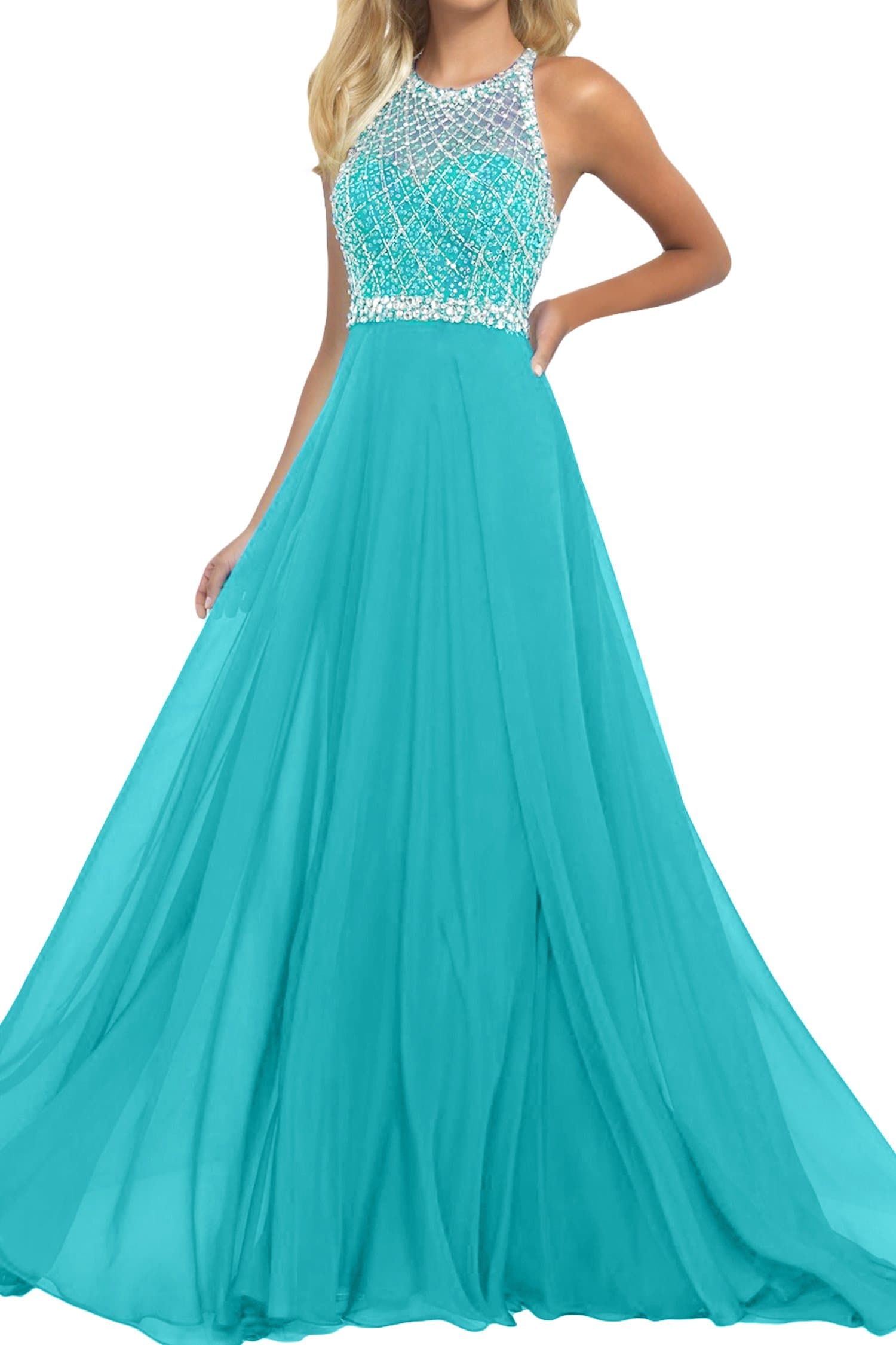 SeasonMall Women's Prom Dresses A Line Halter Open Back Chiffon & Tulle Dresses Size 2 Ice Blue