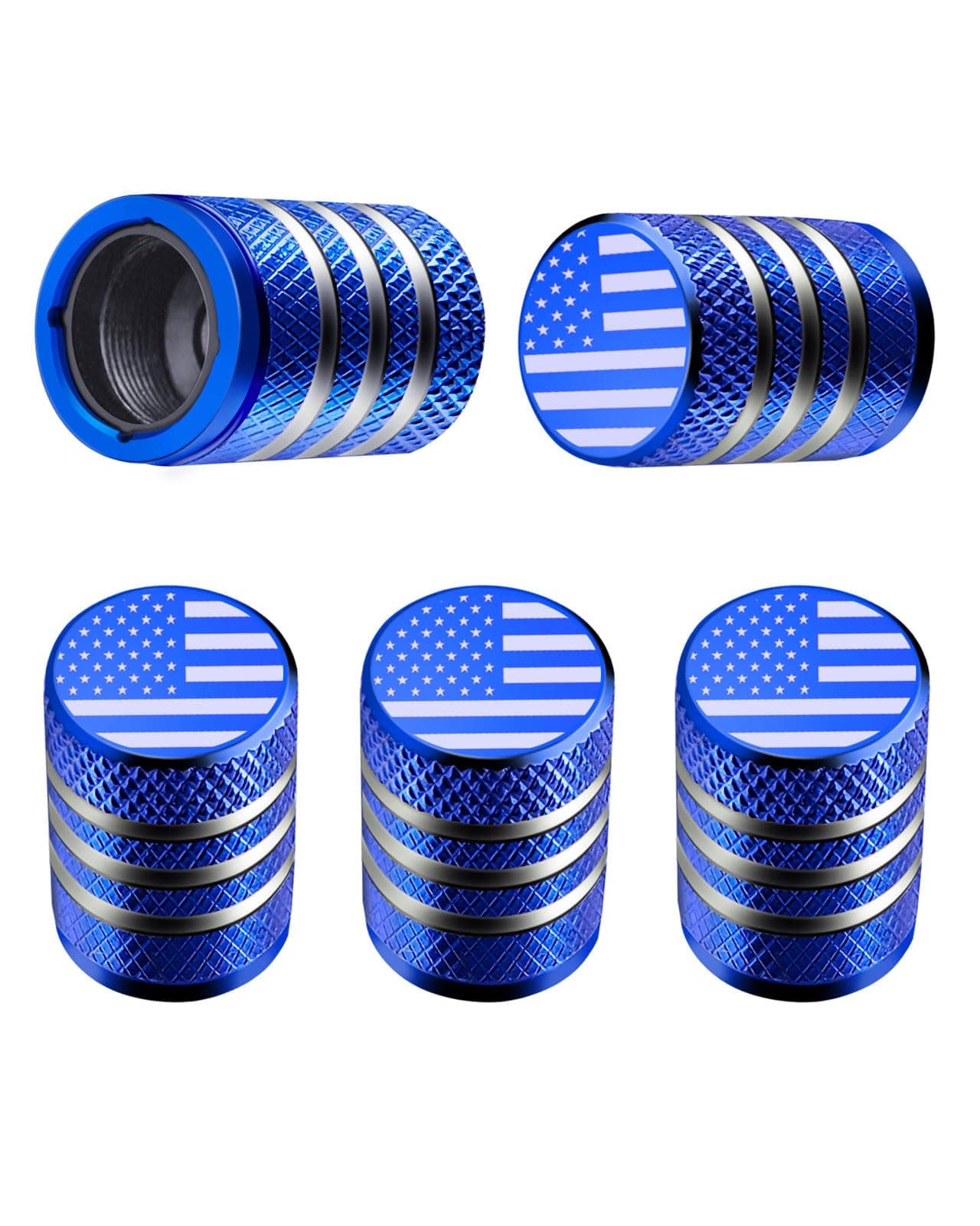Tire Valve Stem Cap Cover - (5 Pack) Tire Air Cap Metal with Plastic Liner Corrosion Resistant Leak-Proof American Flag for Car Truck Motorcycle Bike Blue