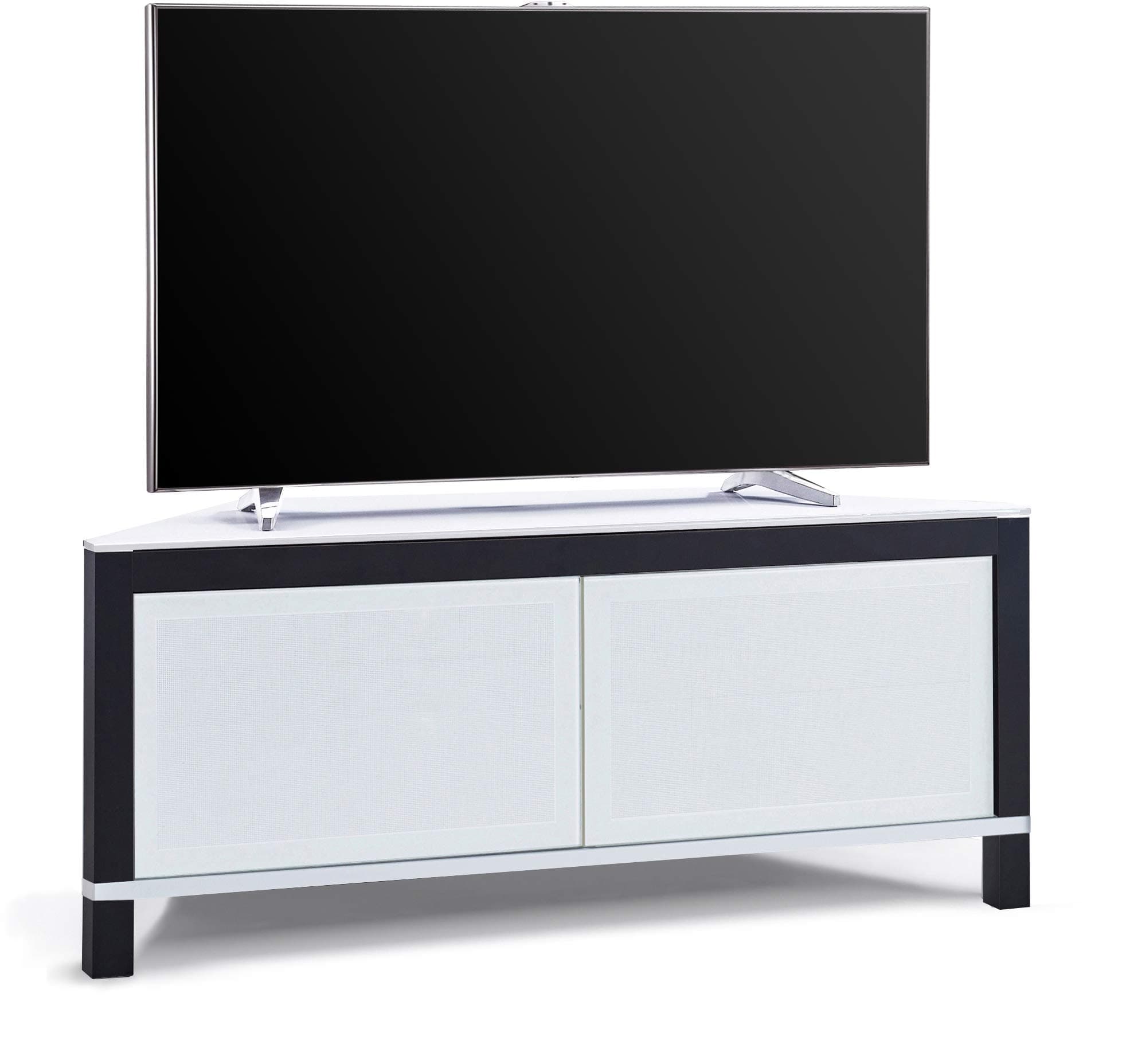 MDA DesignsVolans Remote Friendly Beam-Thru Tru-Corner Glass Interchangable White/Black Panel 2-Door Flat Screen TV Corner Cabinet