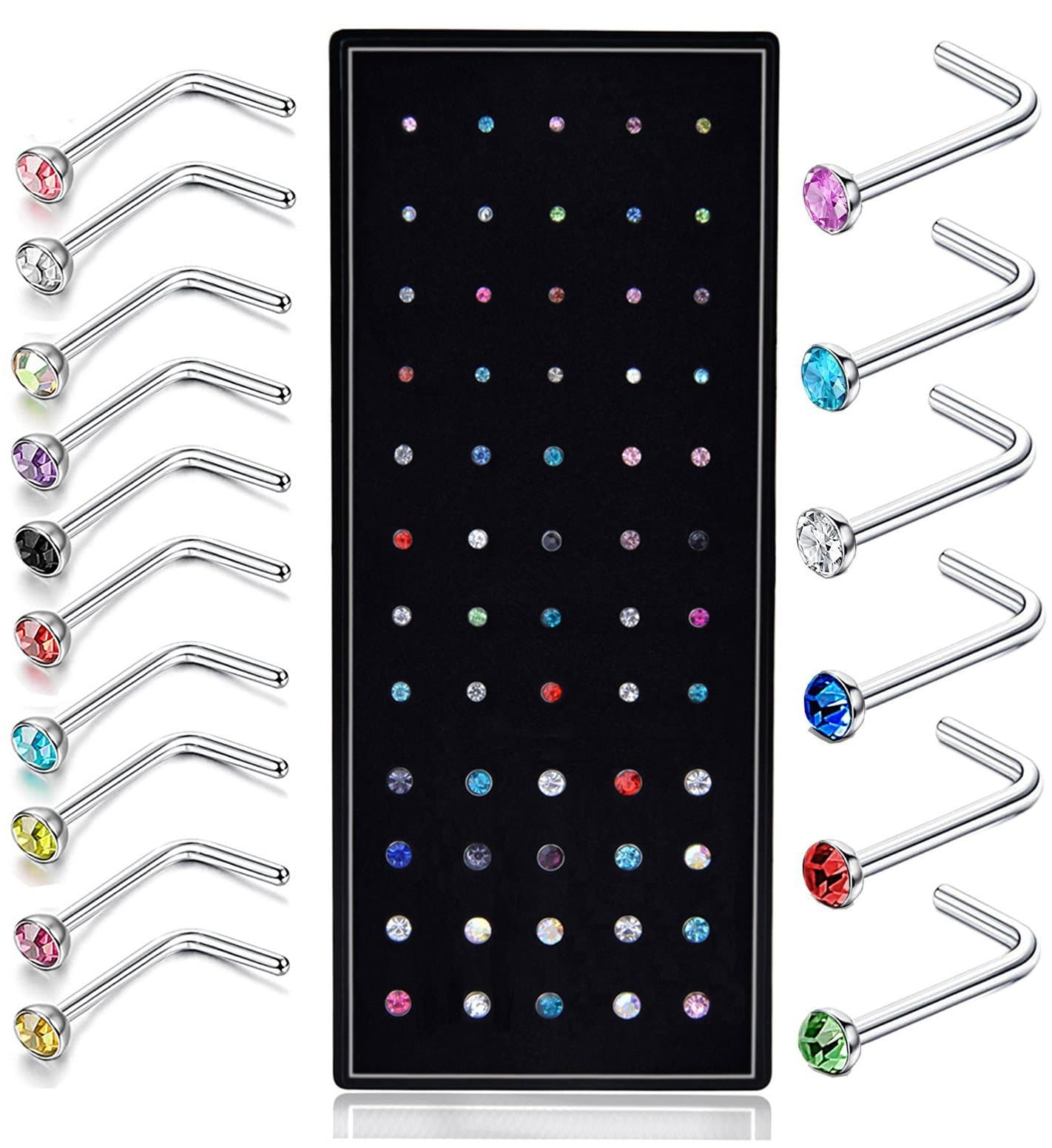 Ghome 60PCS L Shaped Nose Ring Studs Surgical Steel Curved Nose Stud Bend Bar Piercing 22G Gauge Crystals 1.5mm 2mm 2.5mm (60pcs (1 Box Colourful))