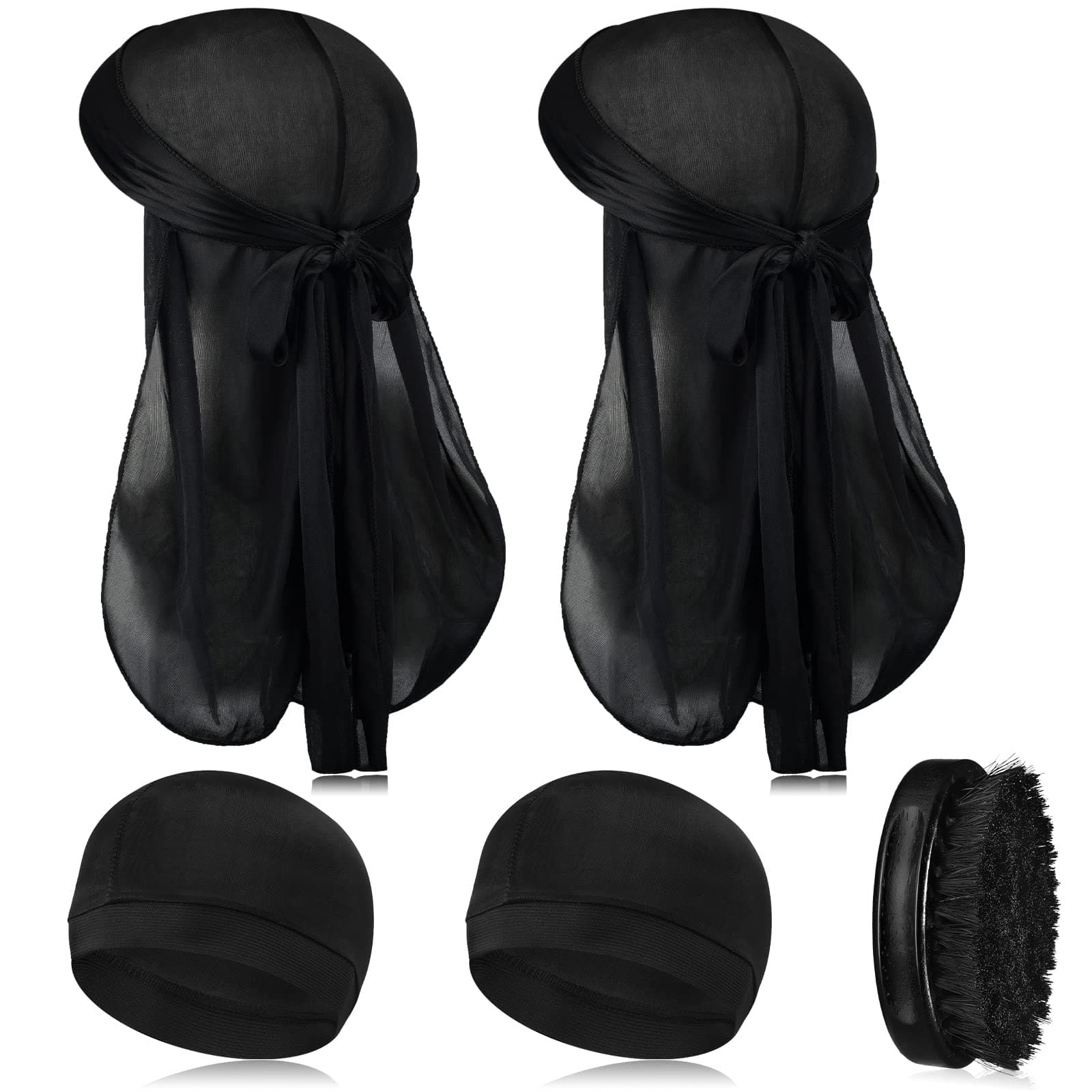 5 Pieces Stocking Wave Cap Hard Wave Brush 360 Waves Kit for Men Hair Waves Kit Silky Satin Durags and Brushes Compression Caps Curved Medium/ Hard Hair Brush Kit for Men and Women, Black