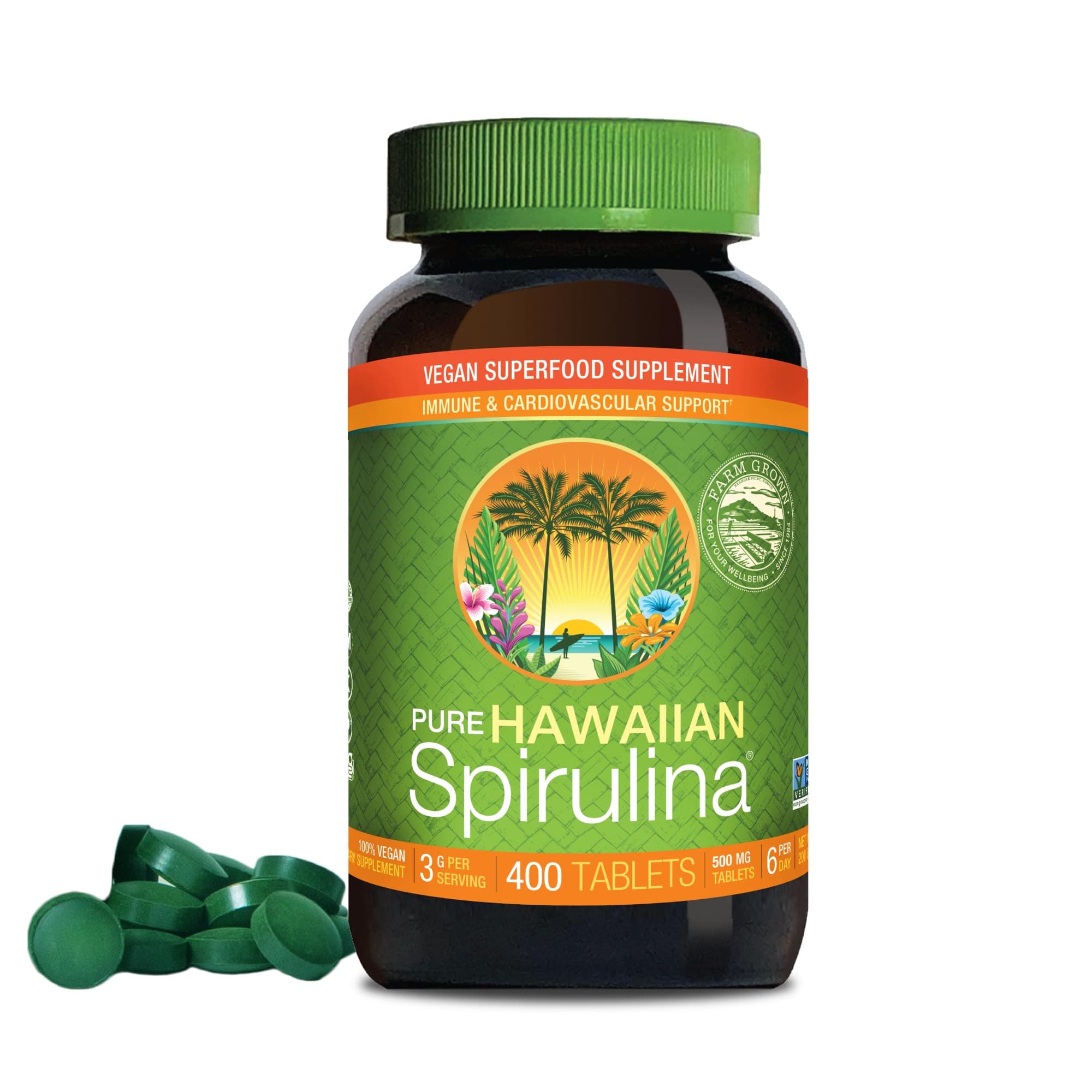 Hawaii Pure Hawaiian Spirulina – Vegan Superfood, 500 mg Tablets, Farm Grown in Kona, Non-GMO, Immune Support & Cellular Energy, 400 Count
