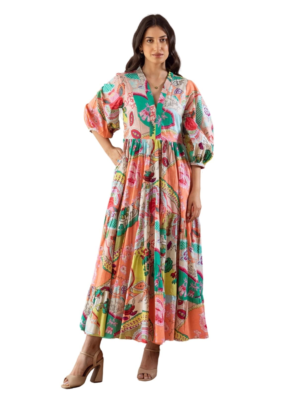Women Printed Maxi Dress Boho Long Flared Full Puff Sleeve Ethnic Pattern Dress for Festival Holiday and Daily Wear