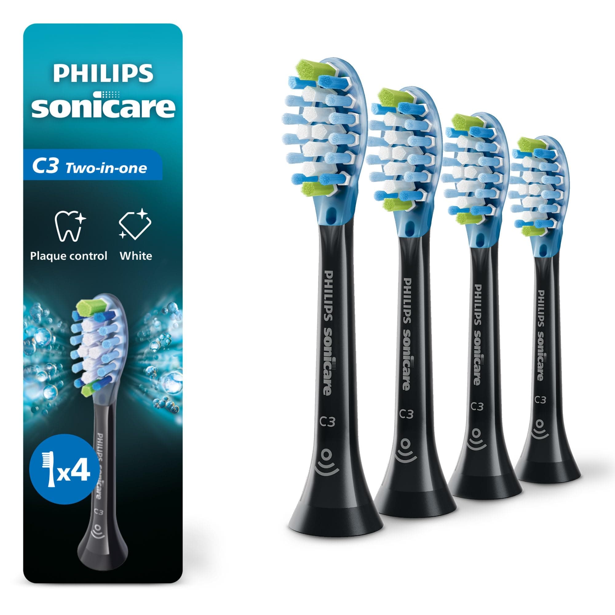 SONICARE Philips Genuine C3 Premium Plaque Control Replacement Toothbrush Heads, 4 Brush Heads, Black, HX9044/95